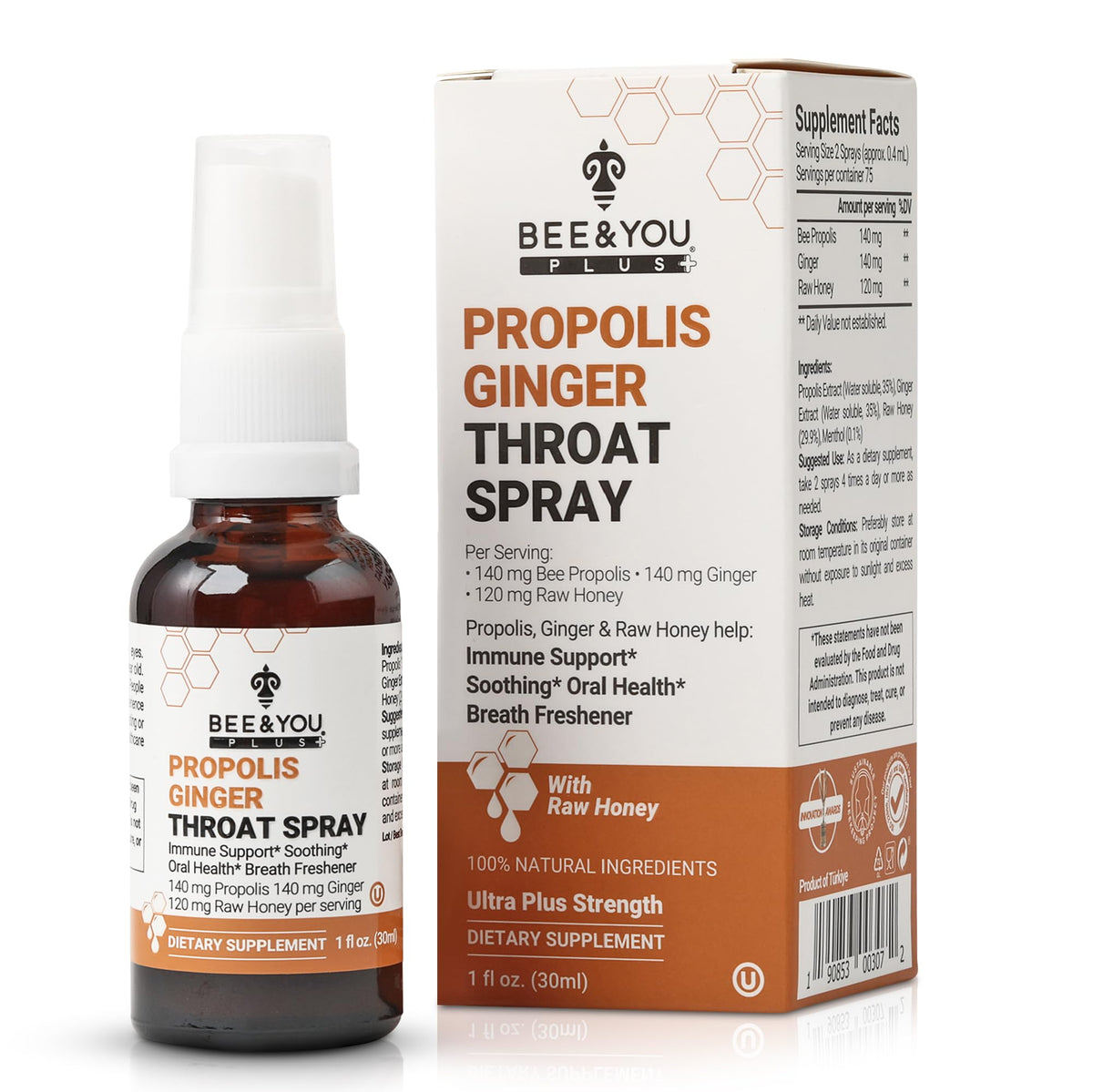 BEE & YOU Propolis Gingembre Miel Spray, apaisement potentiel pour gorge.