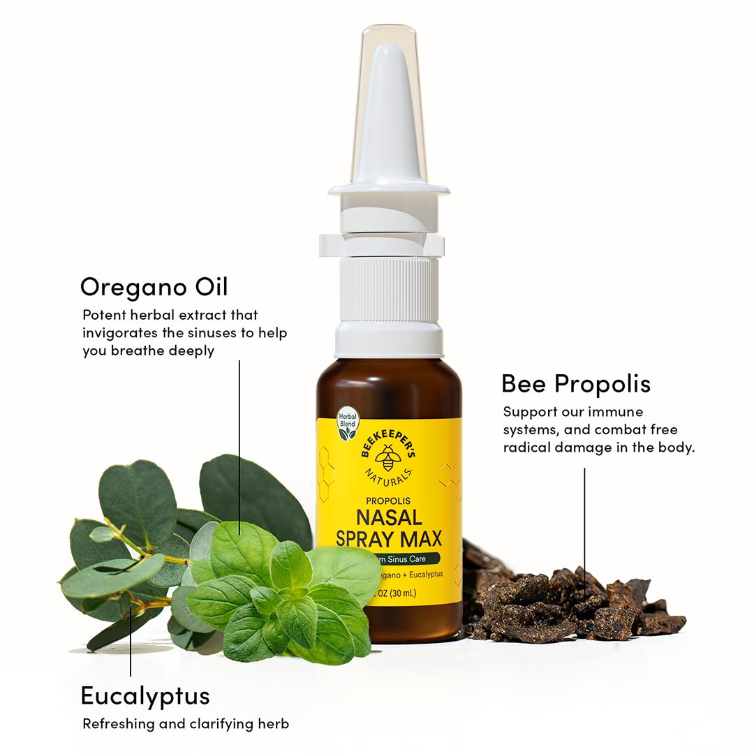 Beekeeper's Naturals Propolis Nasal Rinse Max, étiquette verte – produit naturel et sûr.