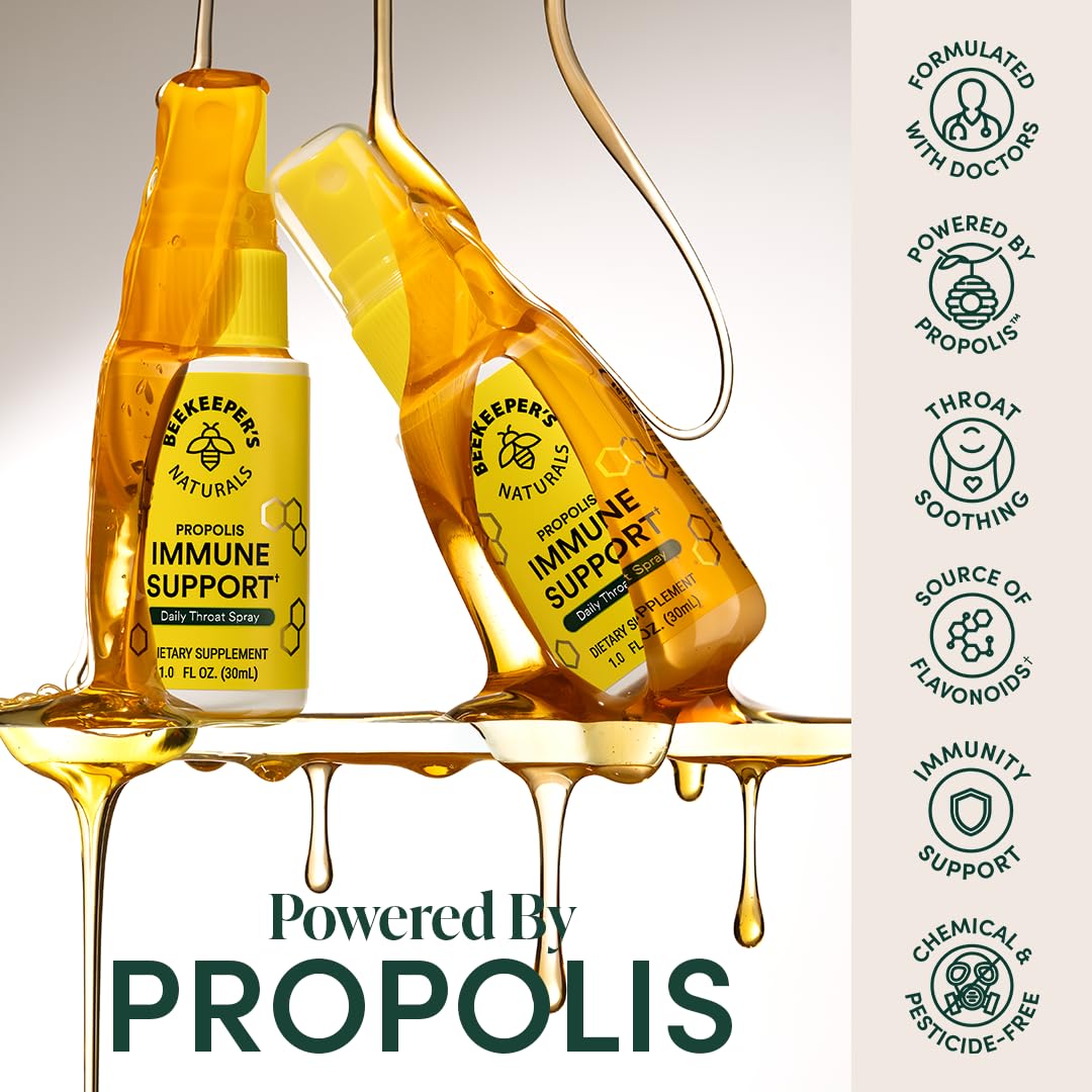 Beekeeper's Naturals Propolis Spray – etiquette claire et ingrédients naturels.