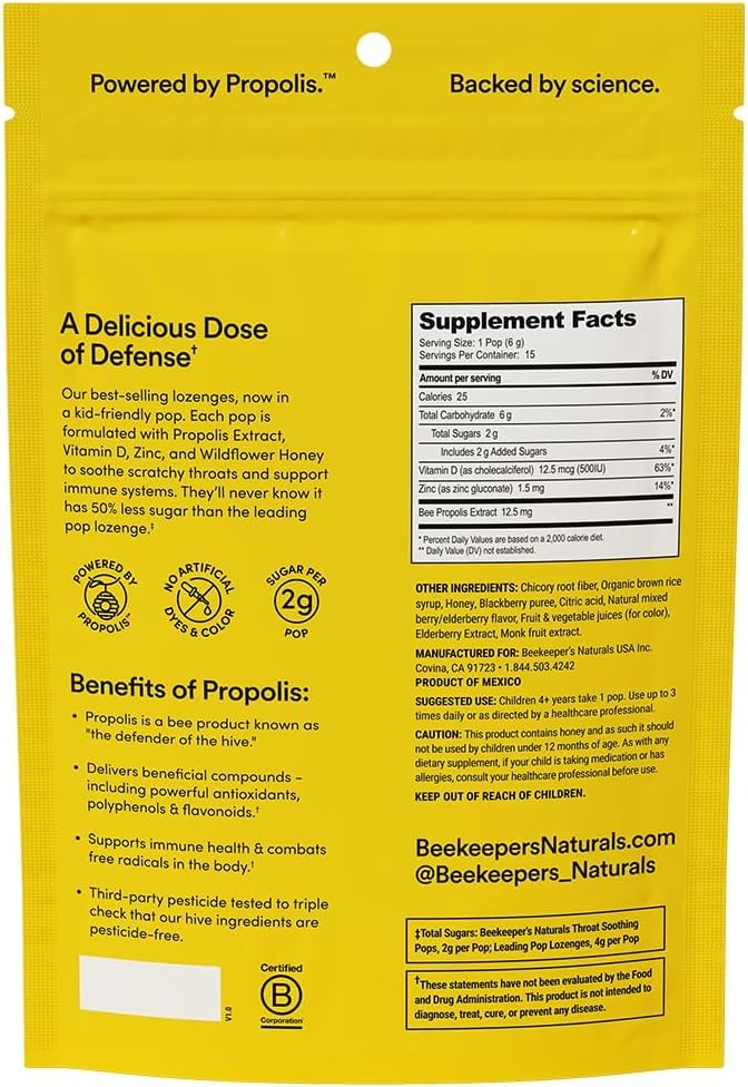 Beekeeper's Naturals sucette immunité enfant vitamine D et miel, soutien possible.