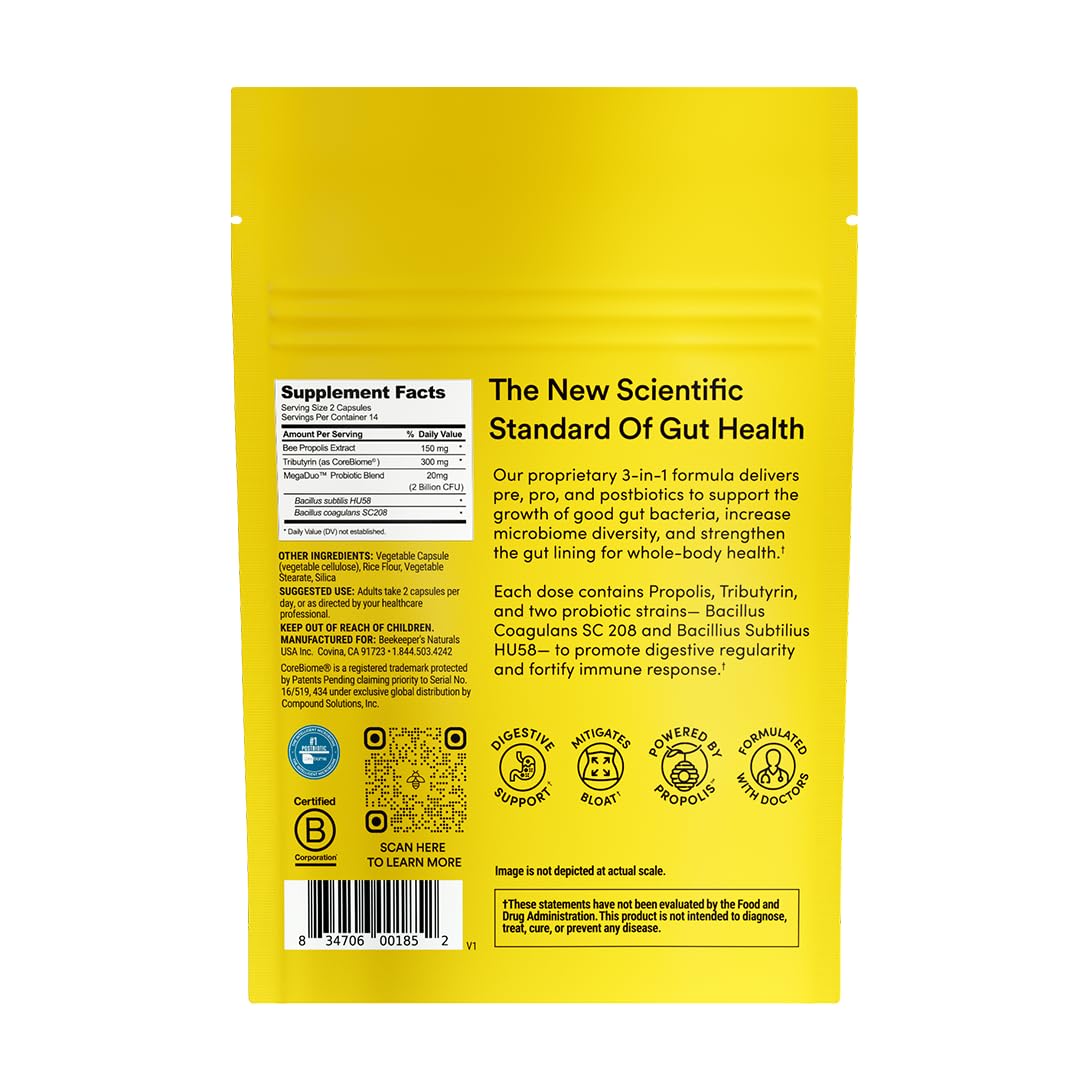 Beekeeper's Naturals Complete Gut Health, étiquette Propolis, soutient la flore intestinale
