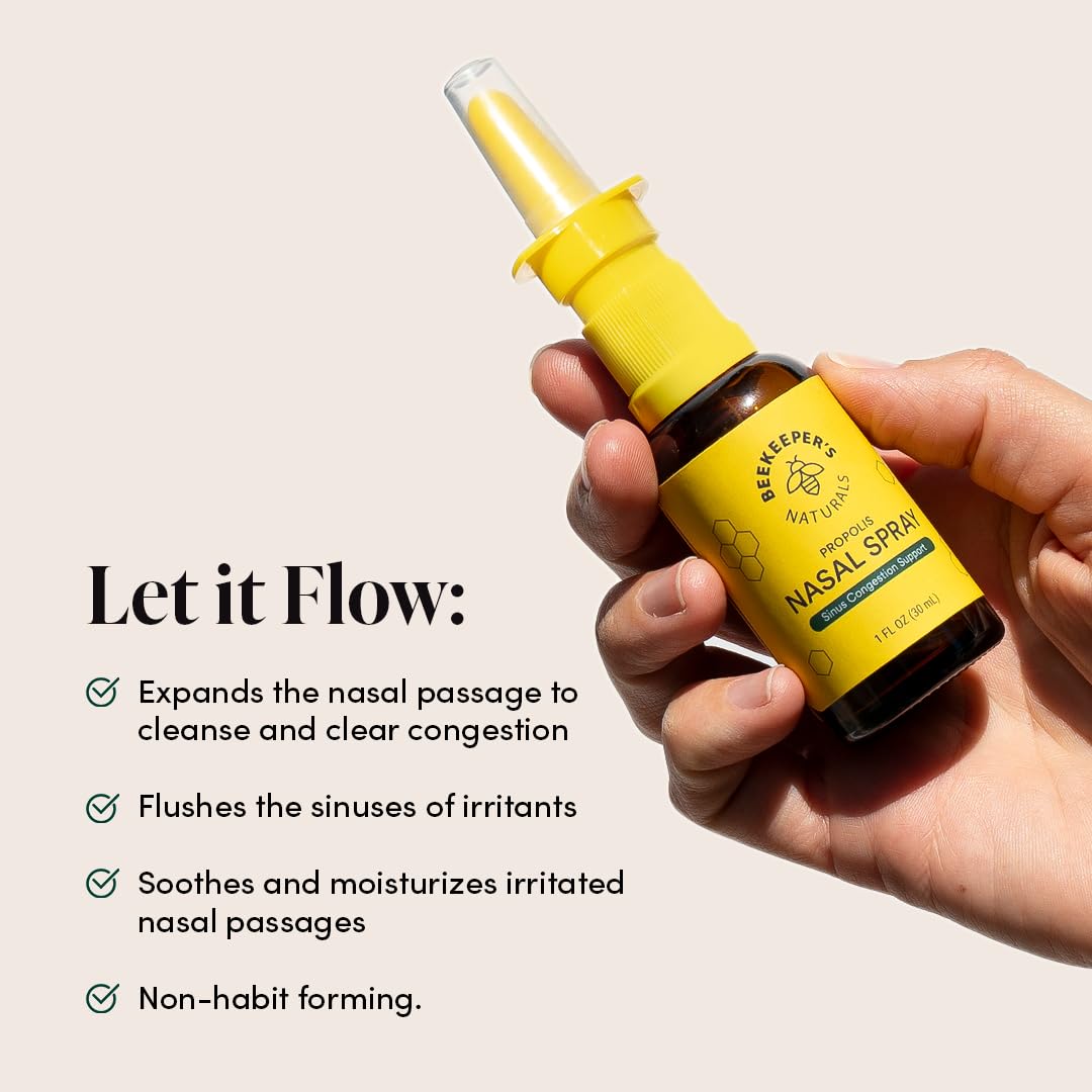 Beekeeper's Naturals Nasal Spray associant xylitol et saline pour un nettoyage nasal.
