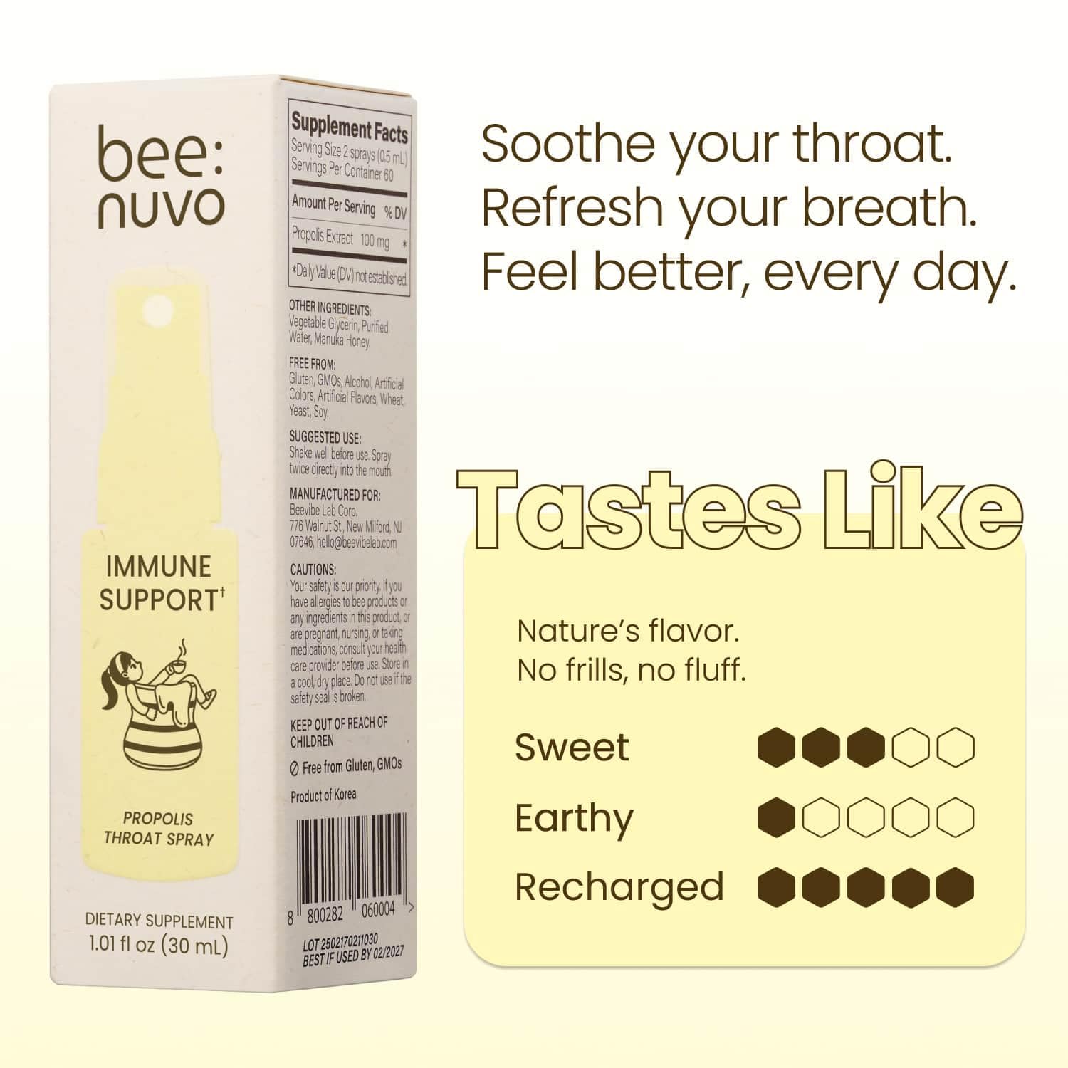 Sans alcool Beenuvo Propolis, formule douce et adaptée à tous les lieux.