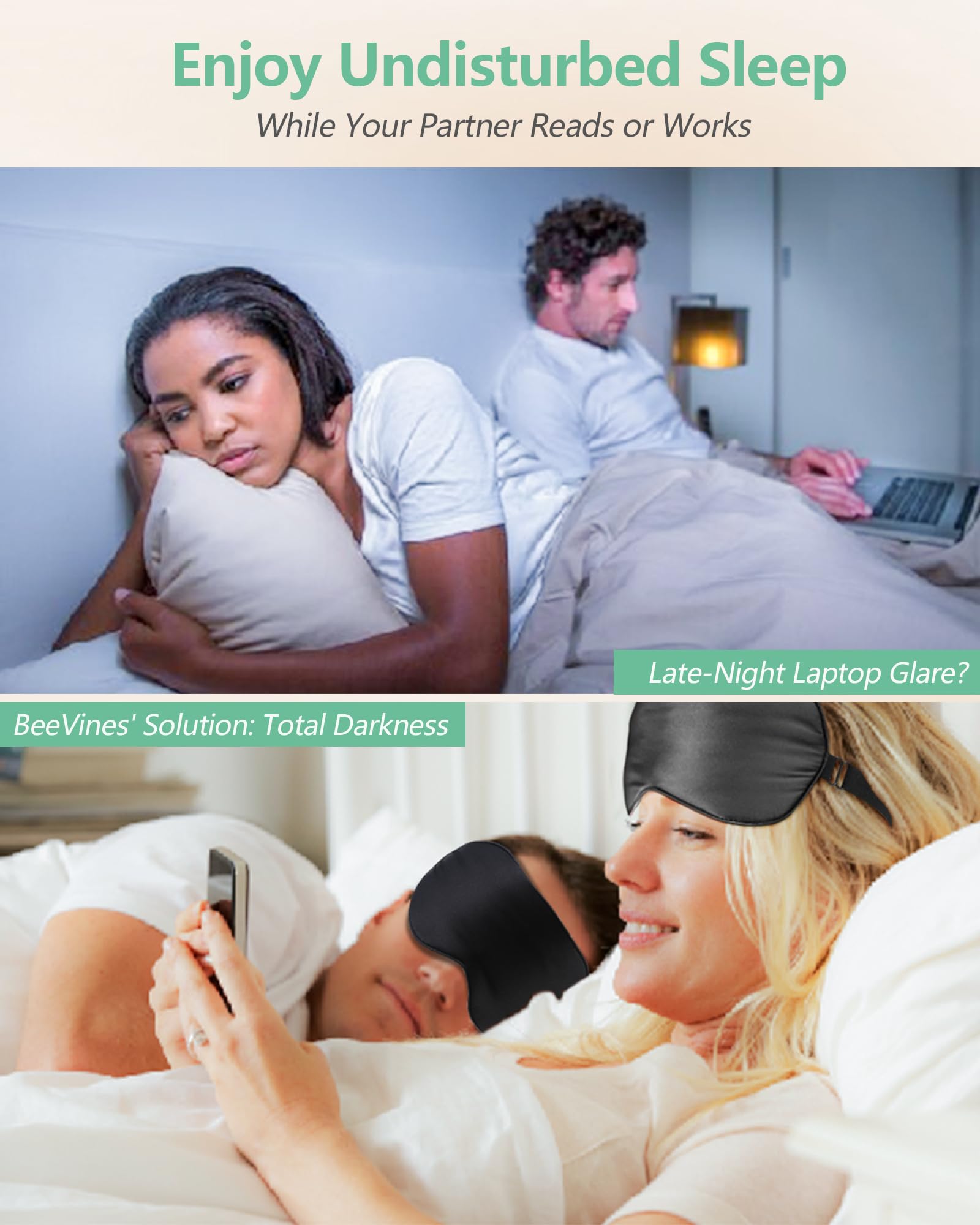 BeeVines masque sommeil obscurité totale pour yeux reposés.