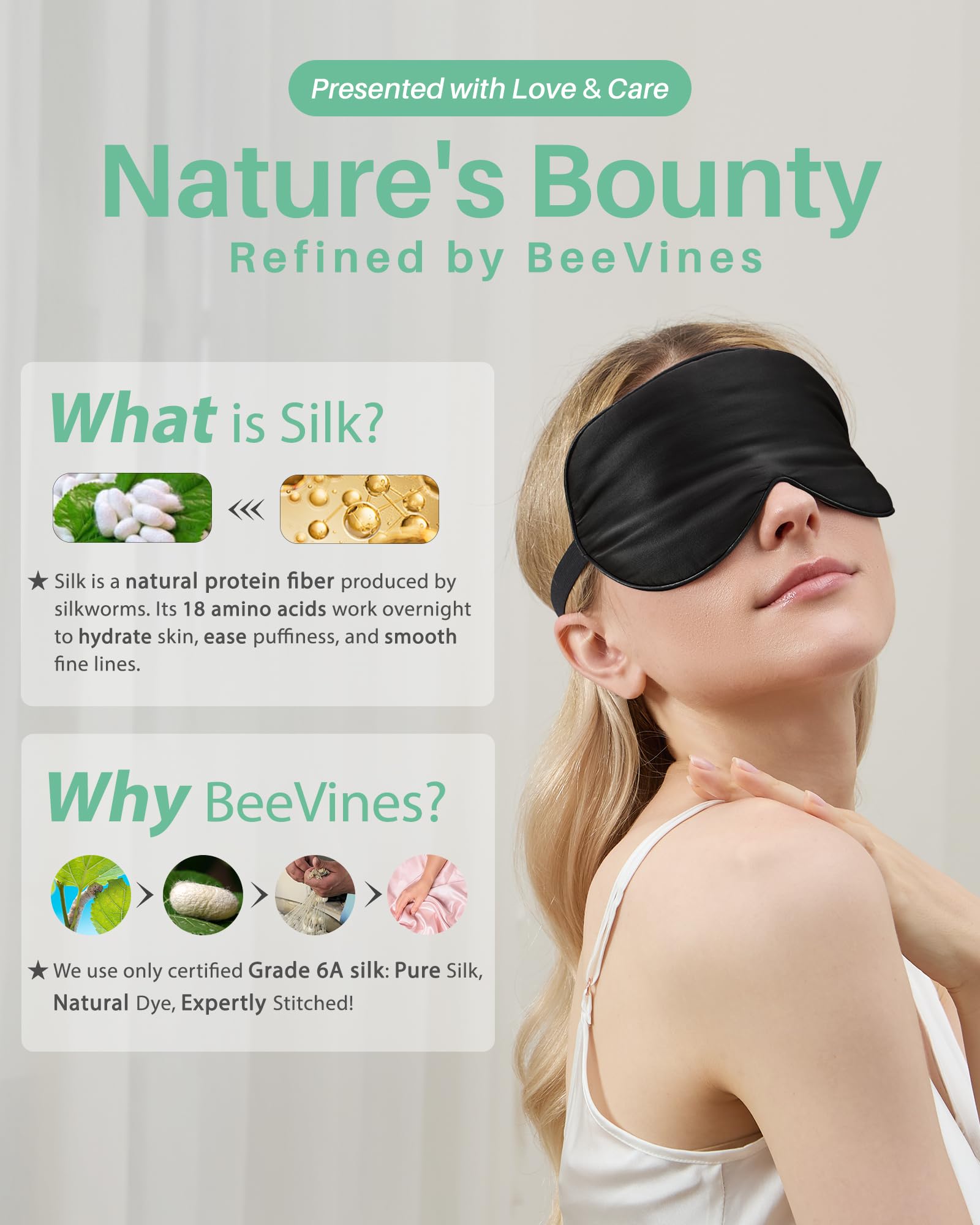 BeeVines masque yeux noir dormez tranquille, confort léger pour toutes les positions.