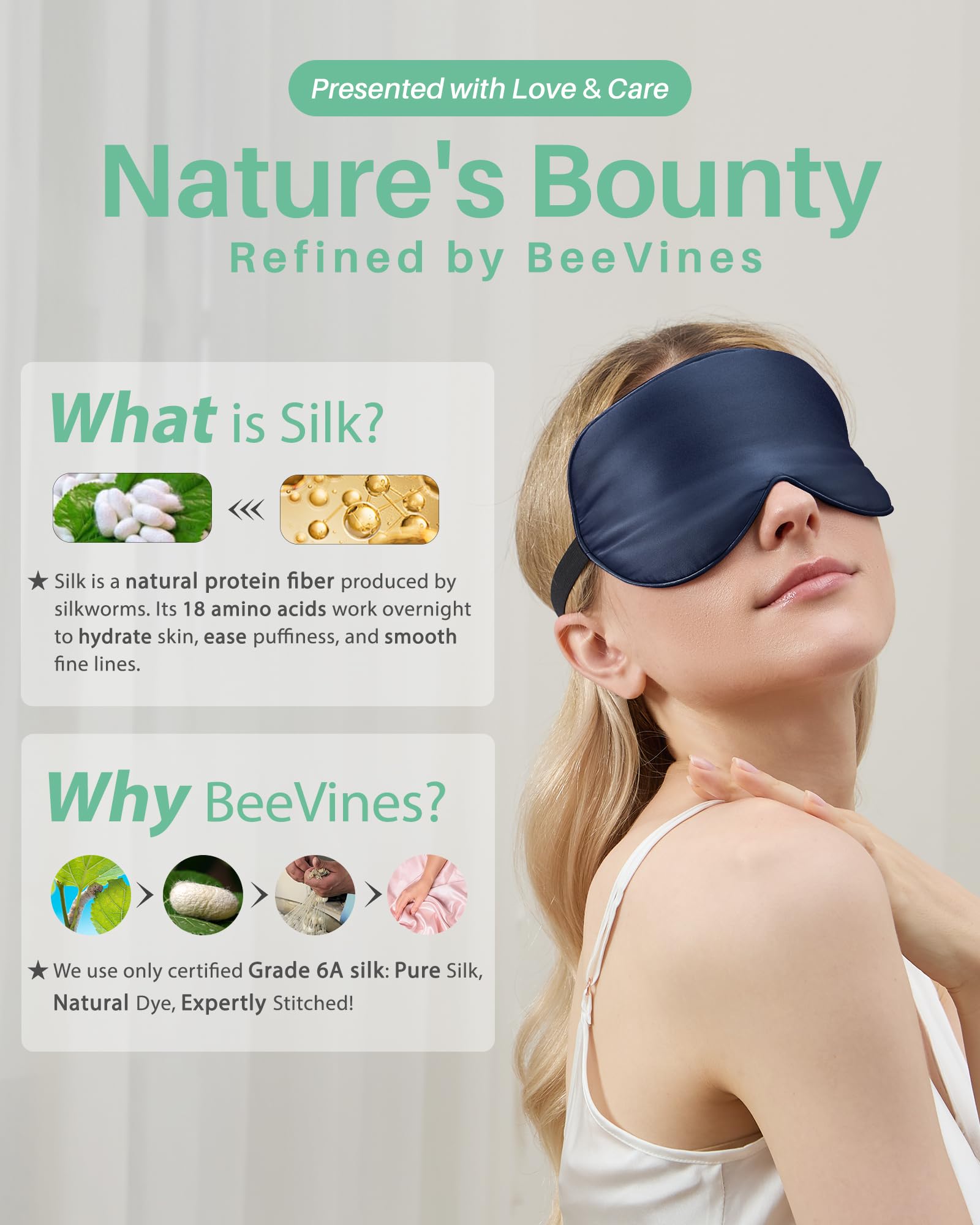 BeeVines masque yeux soie de mûrier sans pression autour du nez et des tempes.