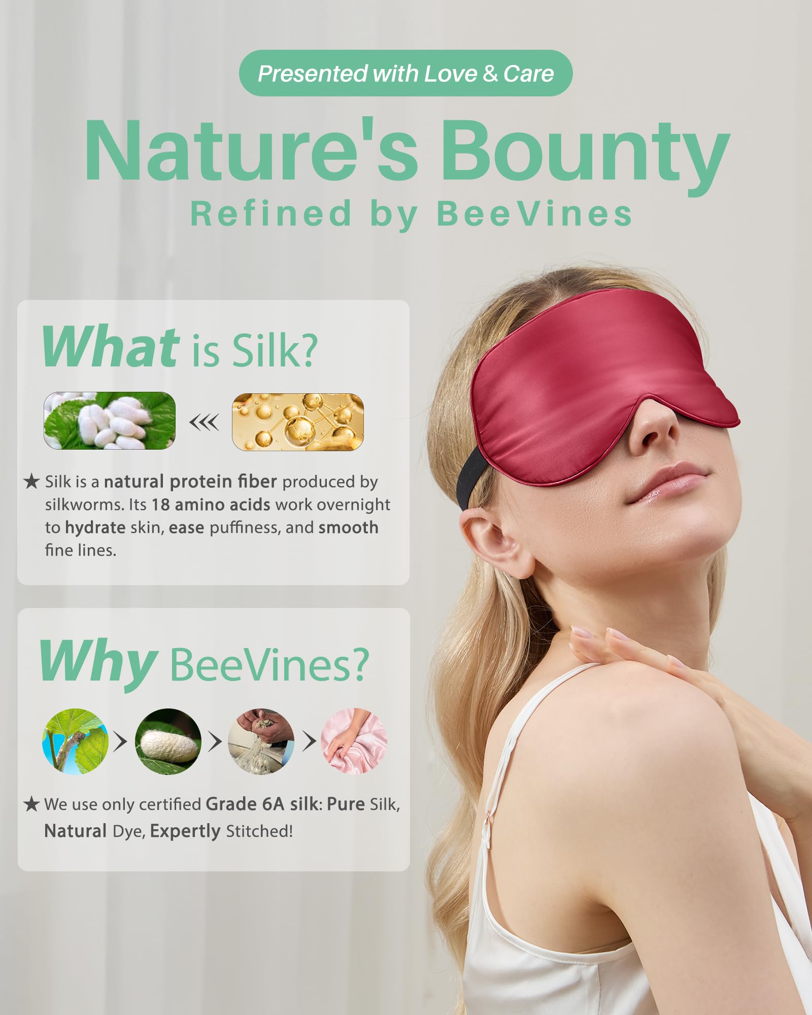 BeeVines masque yeux soie mulberry méditation pose, facilite la détente