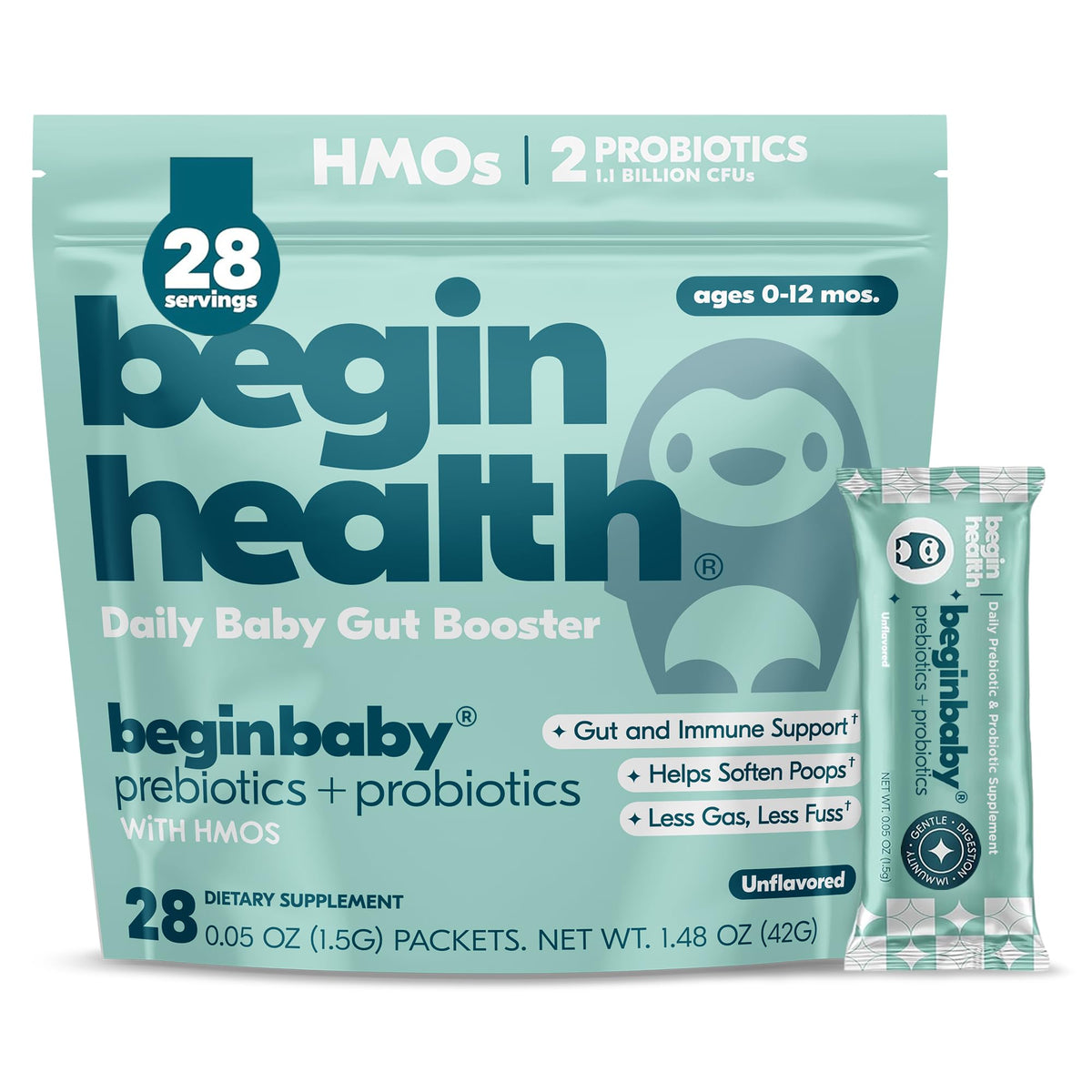 Begin Health BeginBaby emballage de sachets pratiques pour nourrissons.