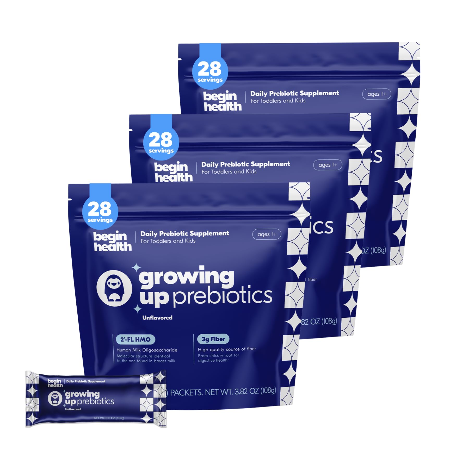 Begin Health Growing Up Prebiotics – emballage pratique pour les familles et les enfants.