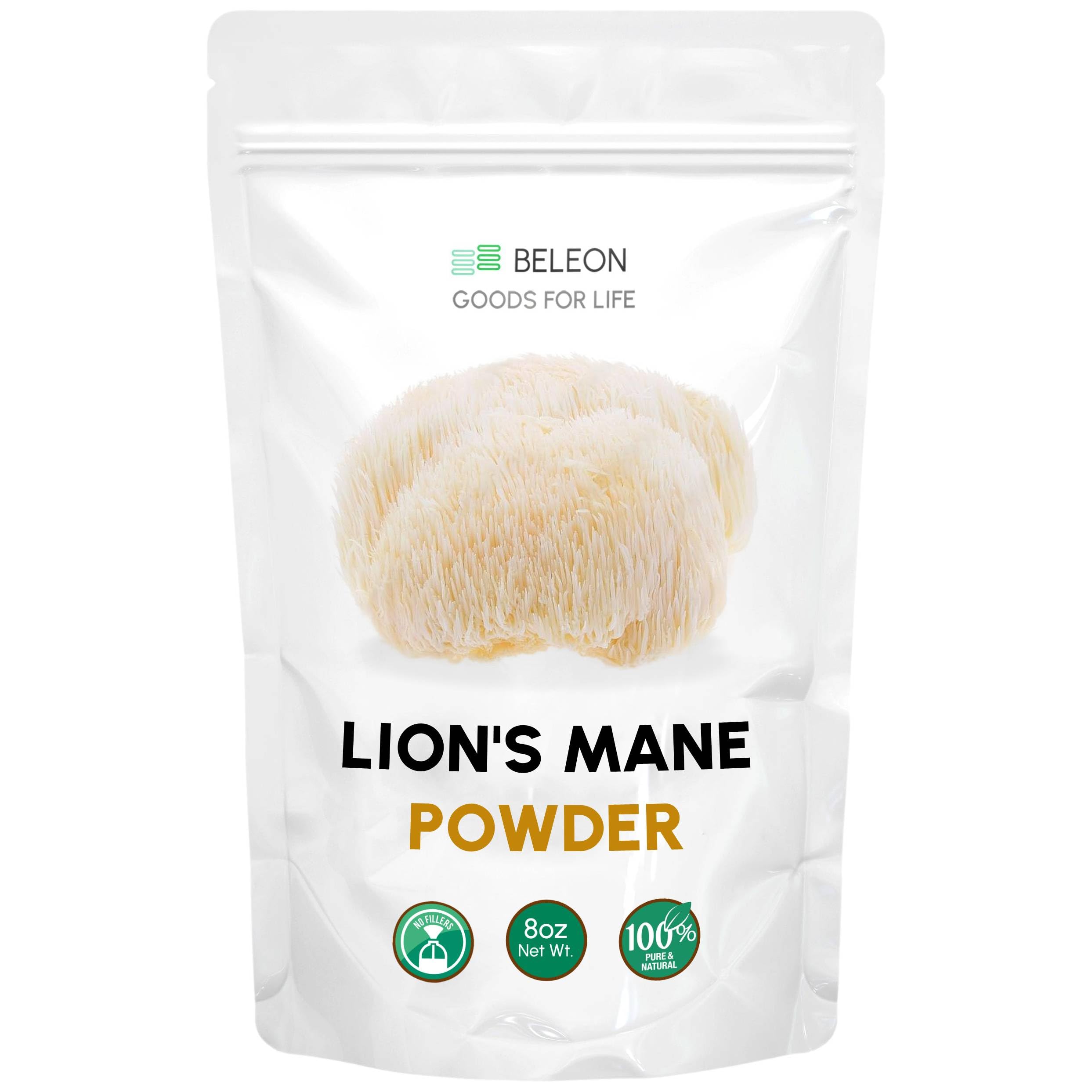 Beleon Goods For Life Poudre de criniere de lion dans une bouteille prête à l’intégrer au quotidien.
