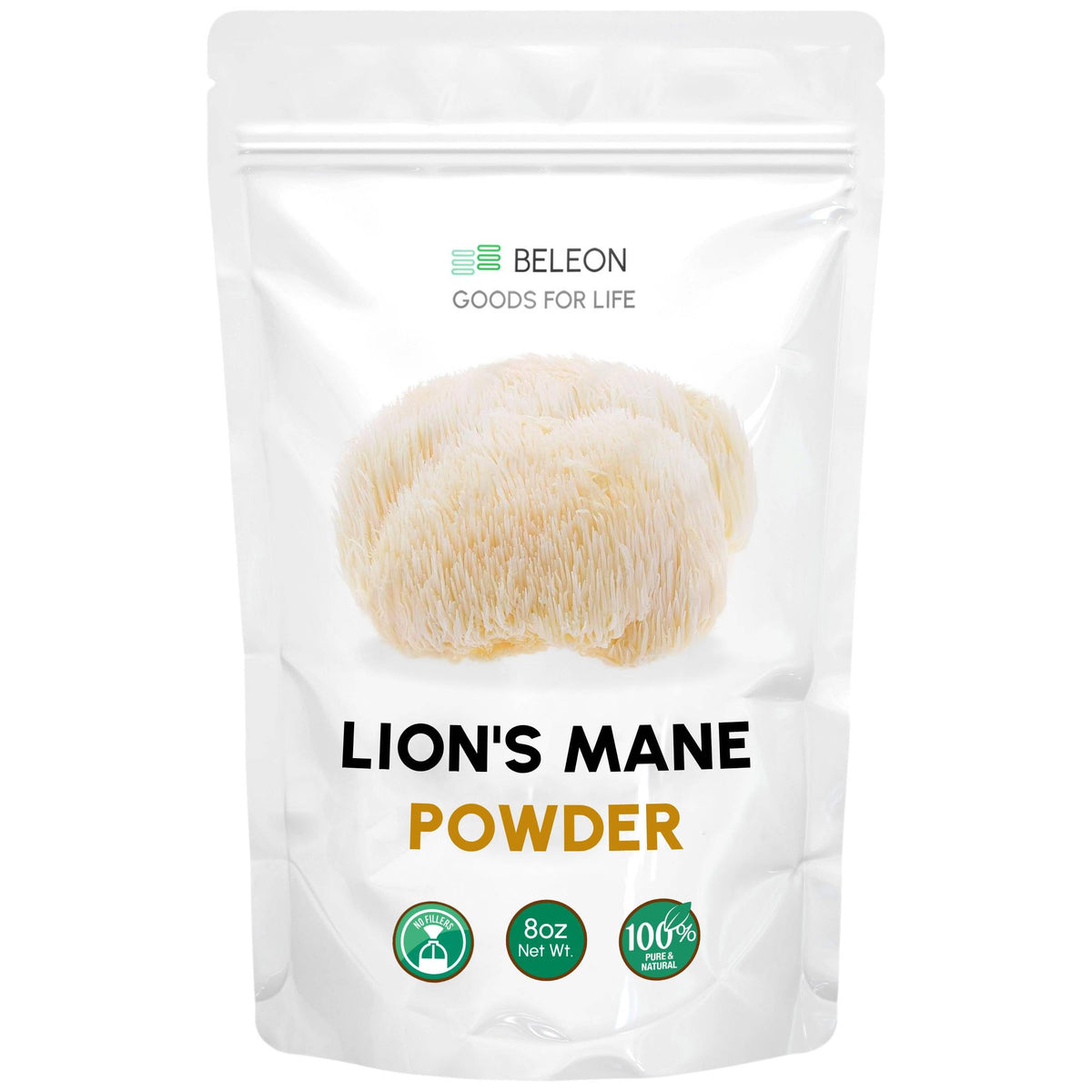 Beleon Goods For Life Poudre de criniere de lion dans une bouteille prête à l’intégrer au quotidien.