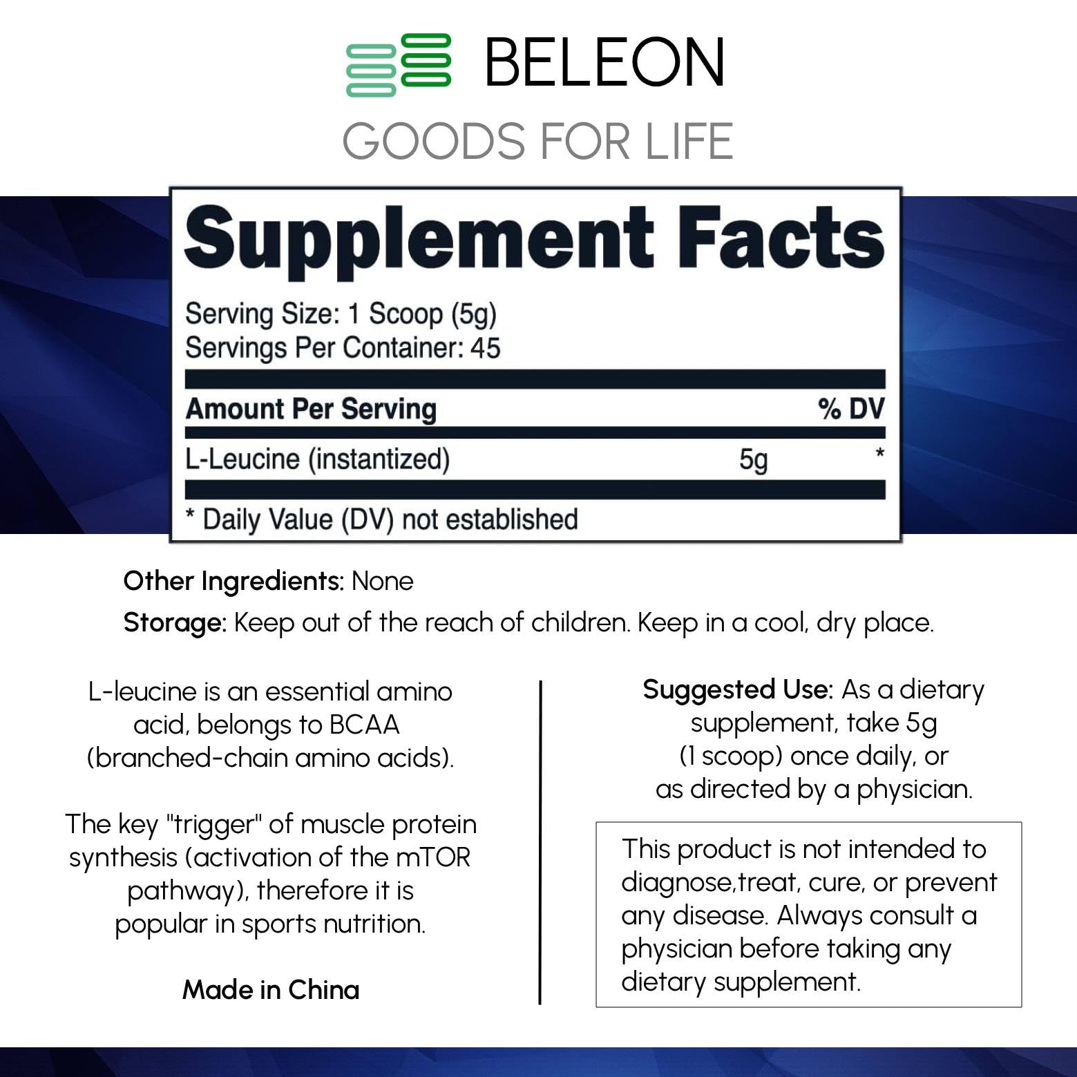 Beleon Poudre L-Leucine — ajout dans shake pour soutien à la masse maigre et à l’énergie.