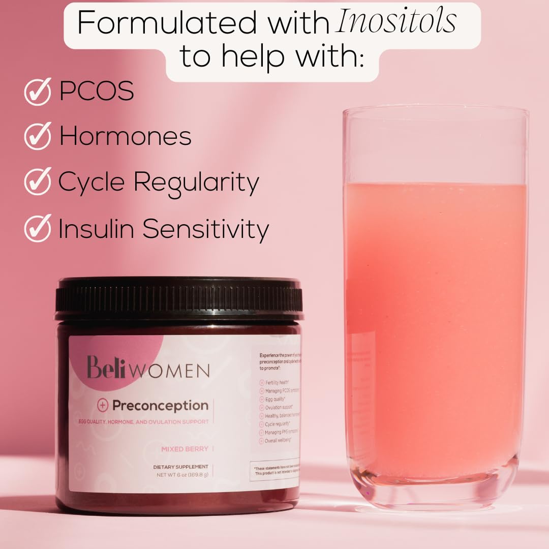 Ingrédients Beli Preconception: inositol, CoQ10, acai et NAC pour le soutien nutritionnel.