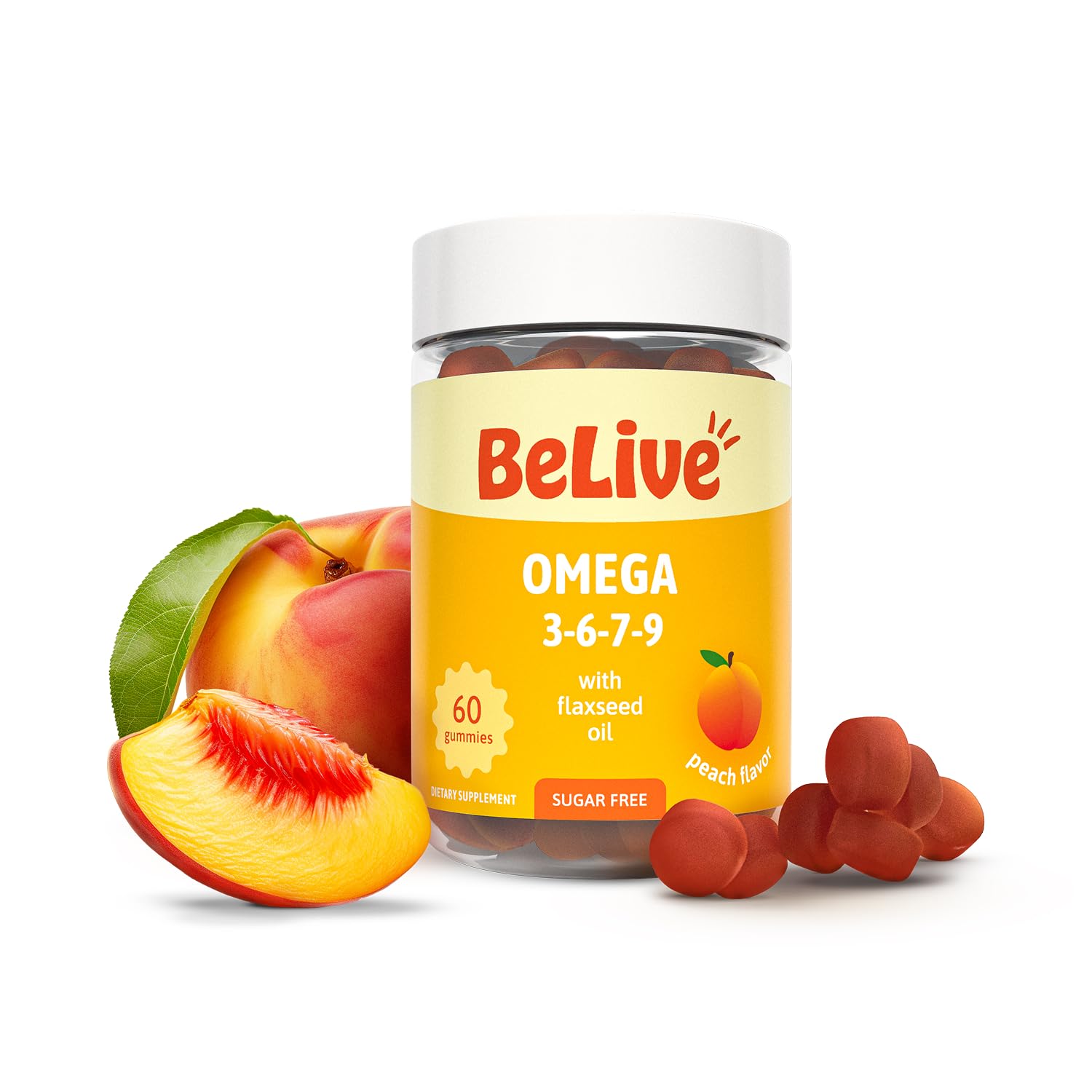 BeLive Gommes Omega3 flacon et gommes, sources végétales pour le cœur et le cerveau.