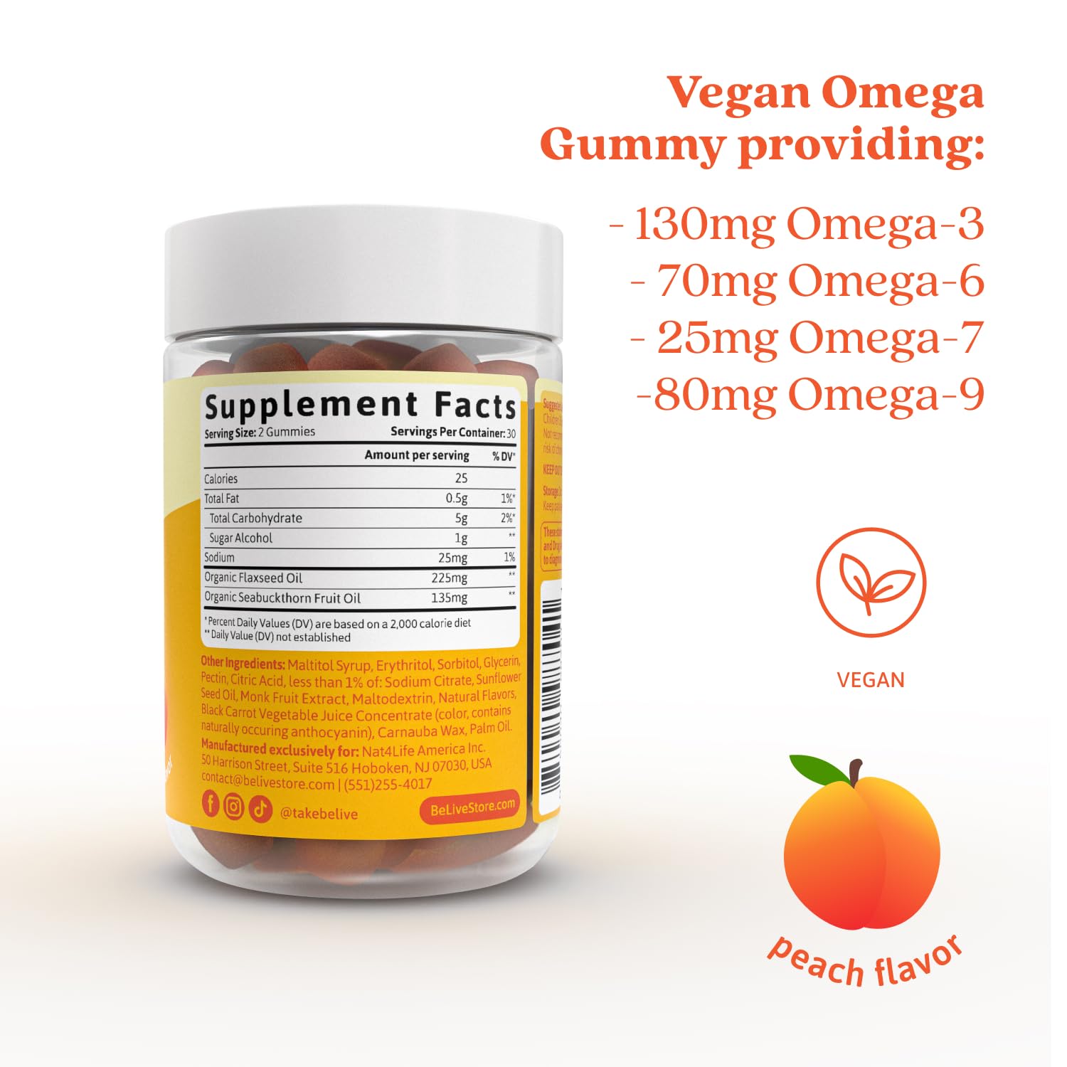 BeLive Gommes Omega3 ingrédients végétaux lin et argousier visibles sur l’étiquette.