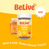 BeLive Gommes Omega3 sans sucre, emballage clair et édulcorants naturels.