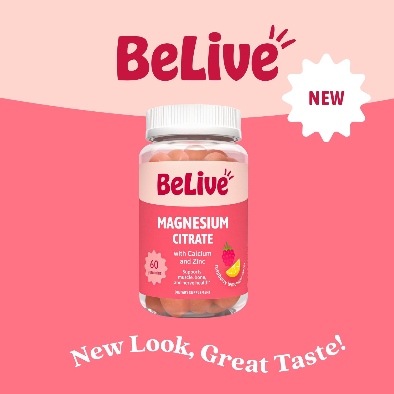 BeLive magnésium citrate gommes, close-up, effet calmant naturel pour le système nerveux.
