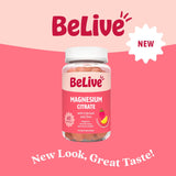 BeLive magnésium citrate gommes, close-up, effet calmant naturel pour le système nerveux.