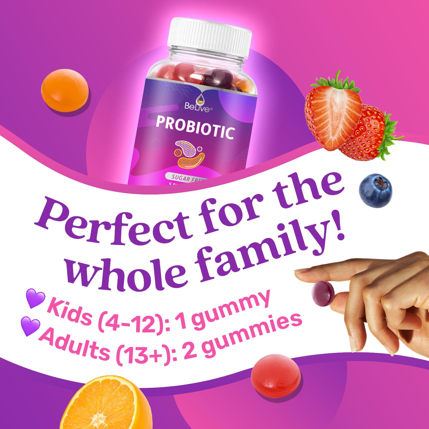 BeLive Gommes Probiotiques – texture douce et facile à mâcher pour toute la famille.