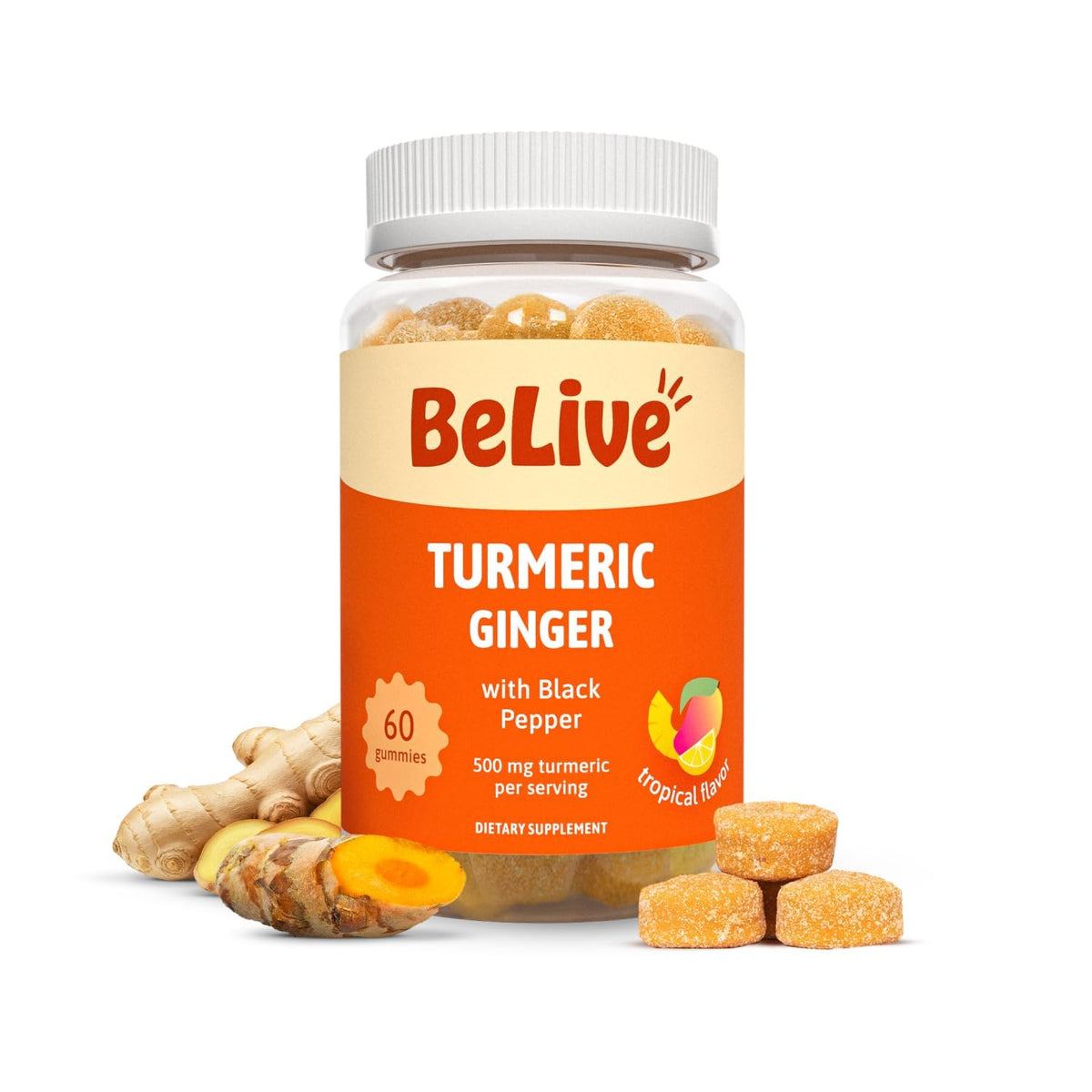 BeLive Turmeric Gummies: bouteille colorée avec saveur tropicale, soutien potentiel à la mobilité et à la peau.