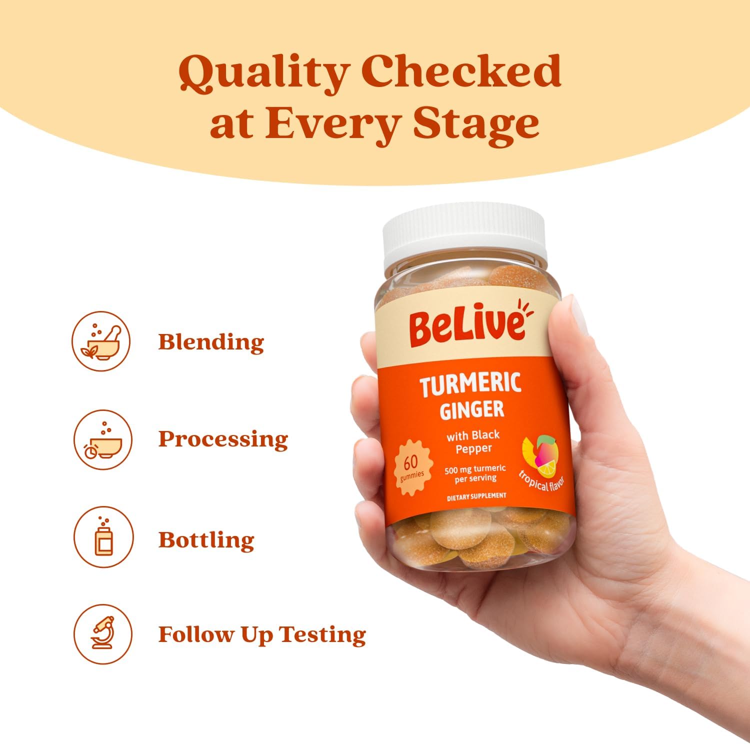 BeLive Turmeric Gummies: produit sans gluten et végan, adapté à divers régimes.