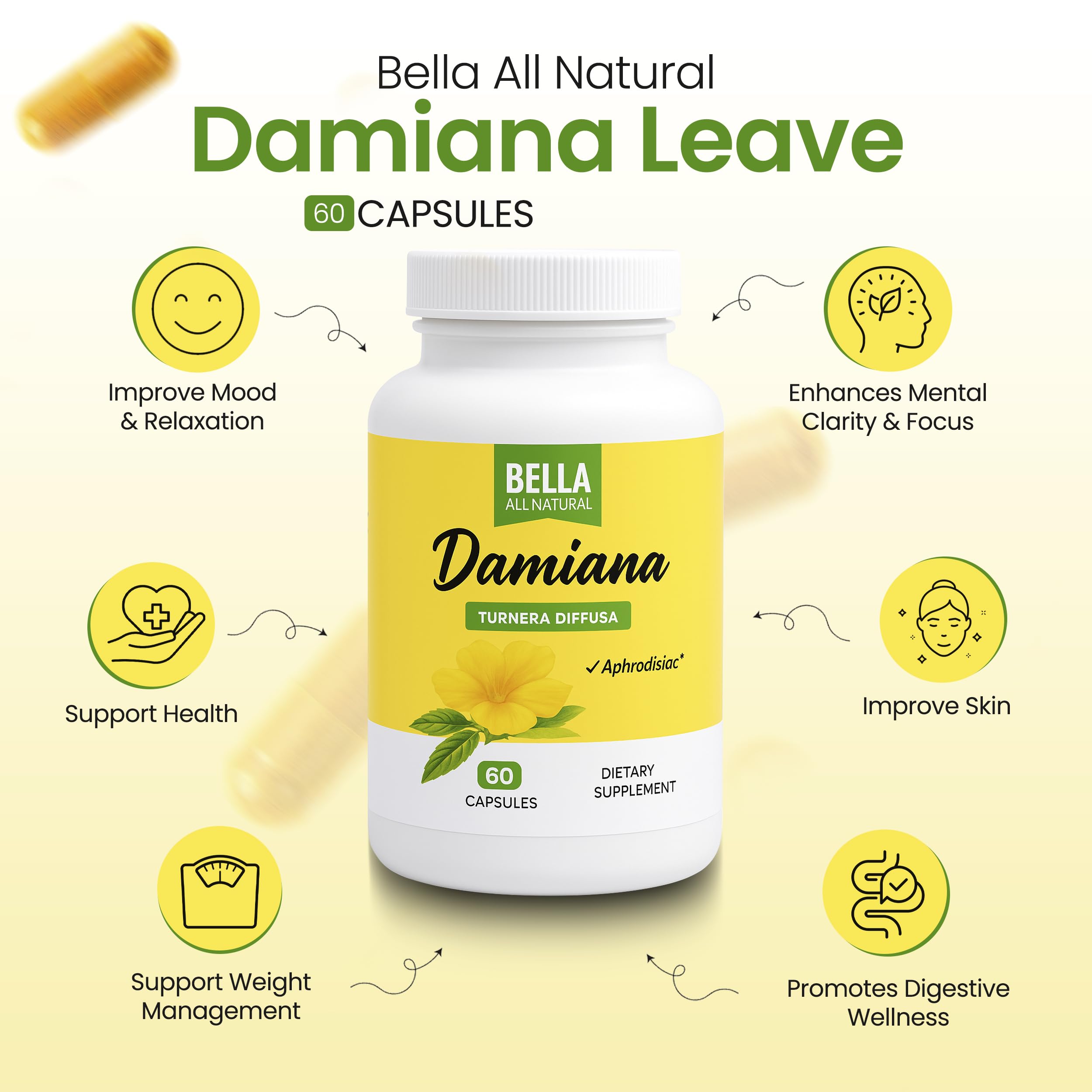 Bella All Natural Damiana – boite de 60 capsules pour usage quotidien.
