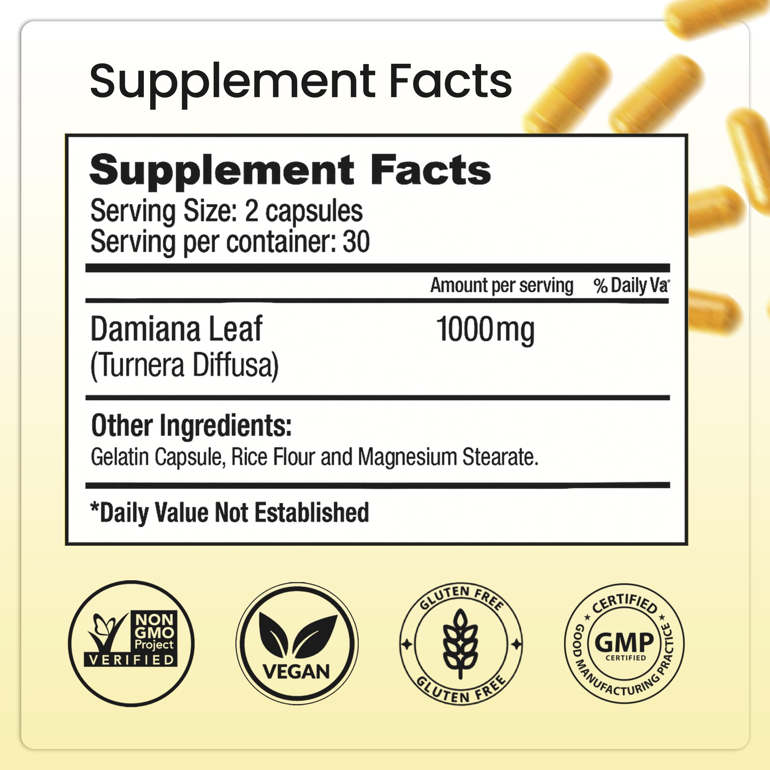 Bella All Natural Damiana – capsules, dosage quotidien facile pour routine.