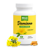 Bella All Natural Damiana – feuilles et emballage, présentation naturelle et pratique.