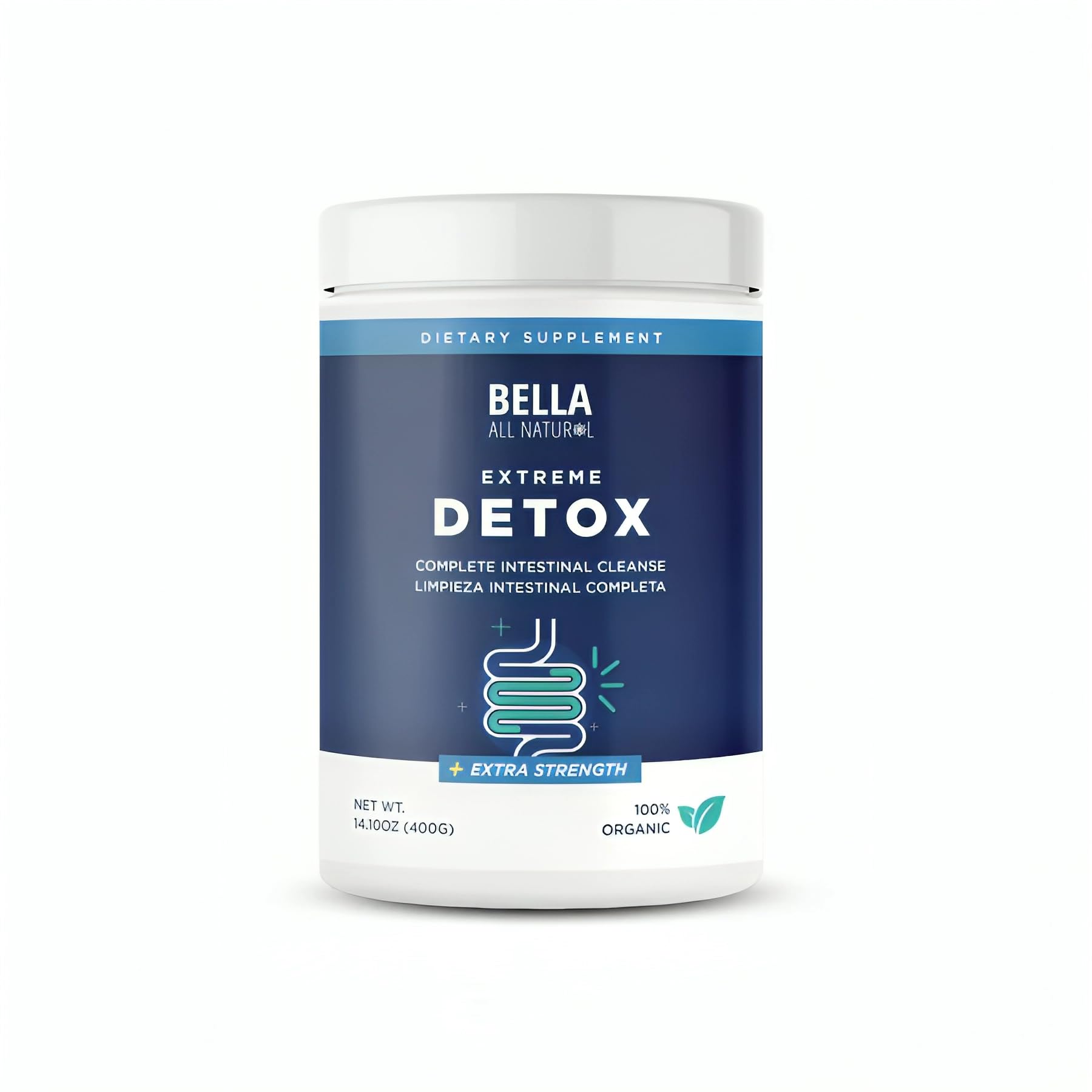 Bella All Natural Poudre Détox Extrême boîte et étiquette visibles, détox naturelle pratique.