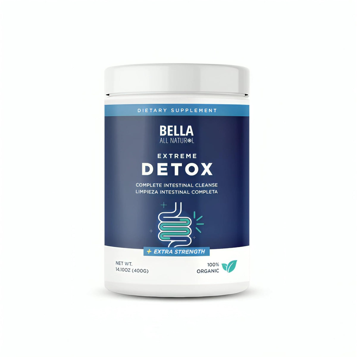 Bella All Natural Poudre Détox Extrême boîte et étiquette visibles, détox naturelle pratique.