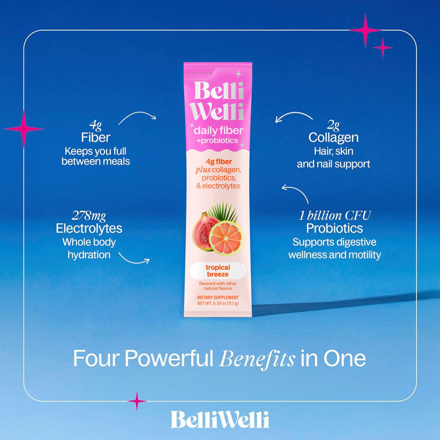 Poudre Belli Welli Fibre se dissolvant rapidement dans l eau ou une boisson.