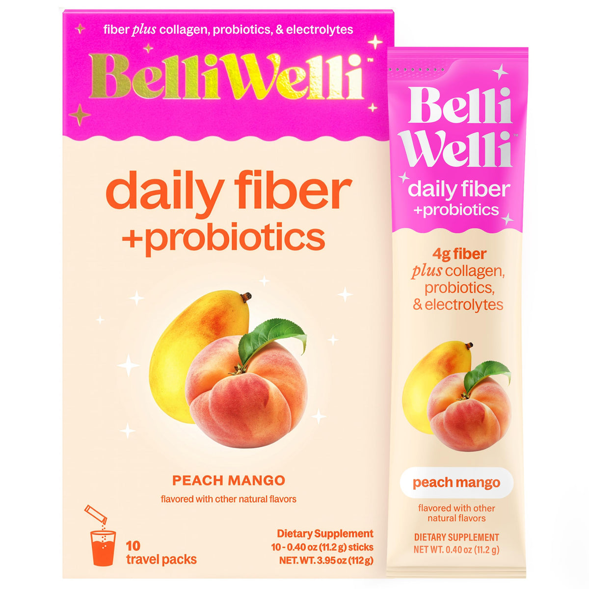 Belli Welli Fibre Peach Mango, sachet pratique pour consommation quotidienne