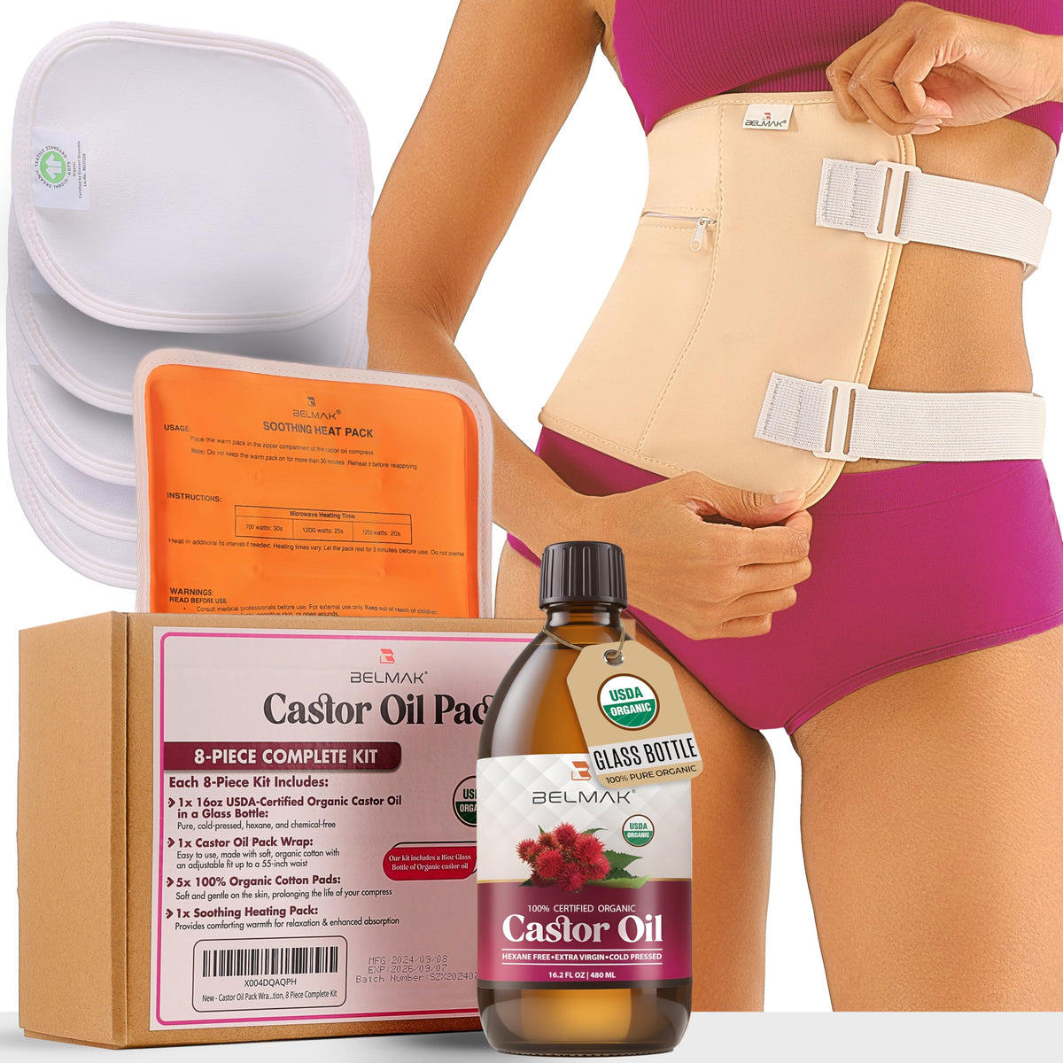 BELMAK Pack Castor Oil Wrap : bouteille en verre et huile biologique, pratique pour une routine soin