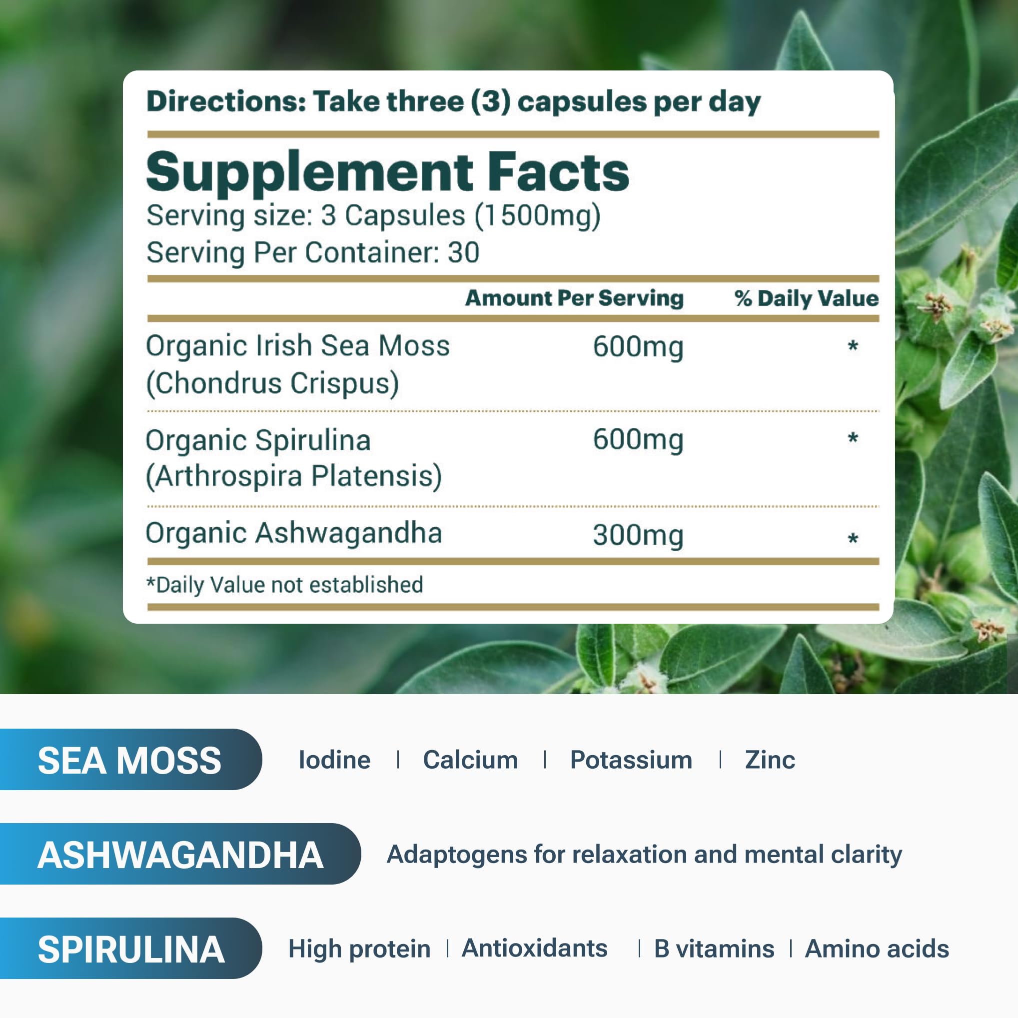 Étiquette Belmonia Sea Moss: informations nutritionnelles et micronutriments clés.