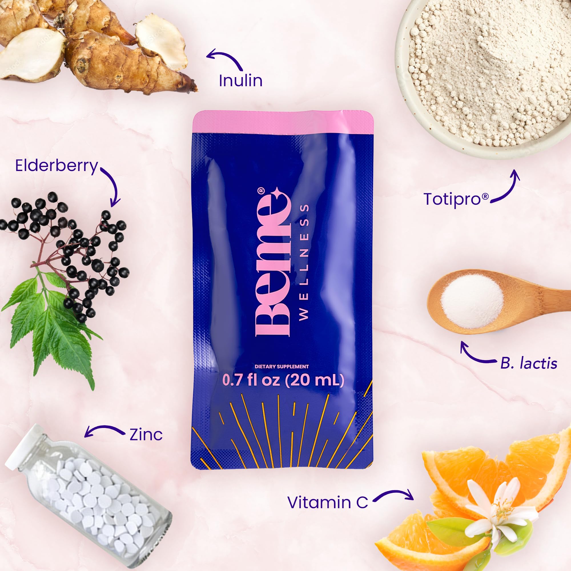 BeMe Probiotiques liquides, sachets faciles à utiliser en déplacement.