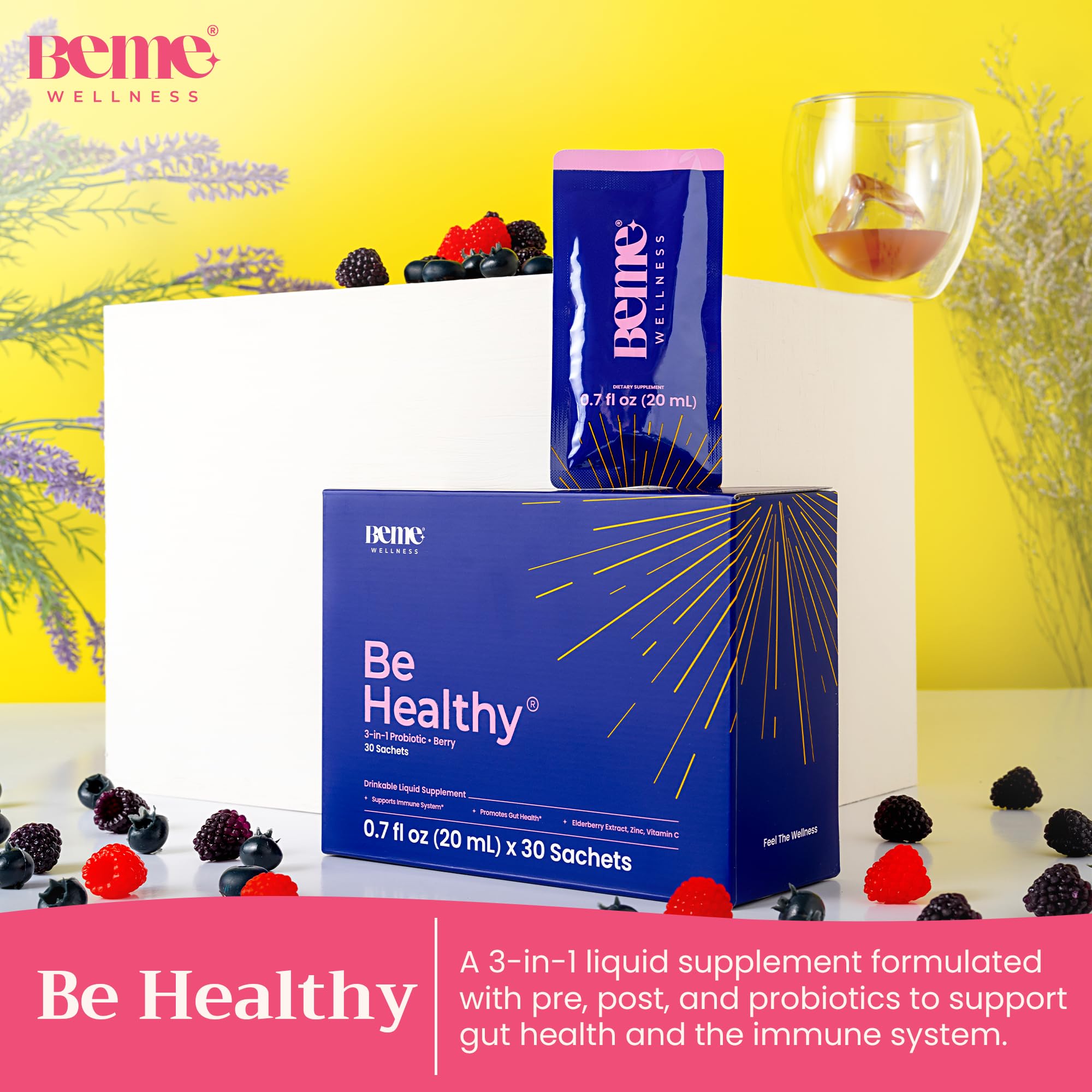 BeMe Probiotiques liquides saveur framboise, sachet portable pour emporter.