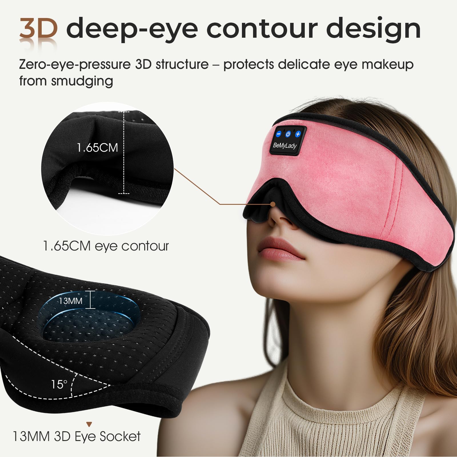 BeMyLady masque-sommeil Bluetooth 5.4: écouteurs fins pour une écoute confortable.