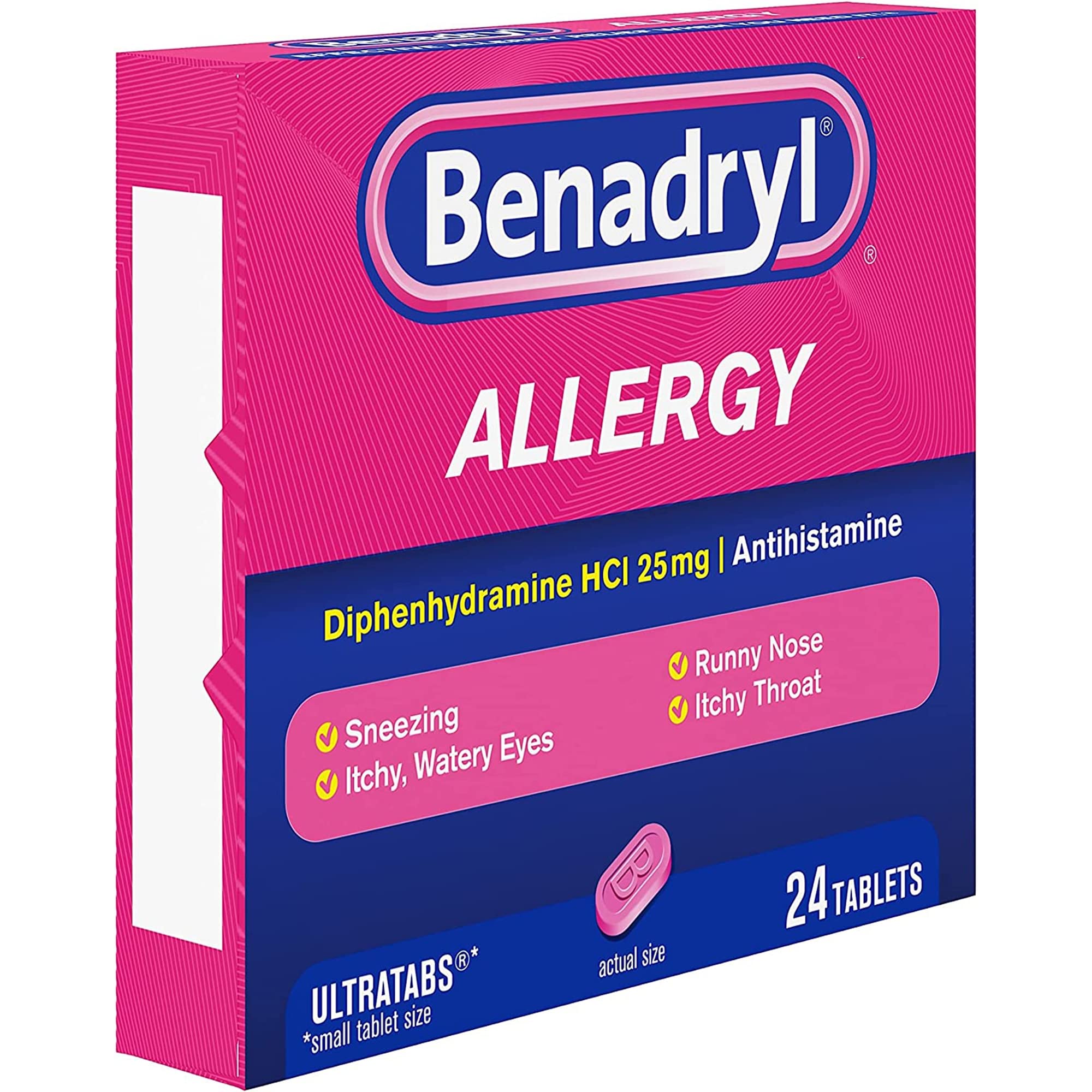 Comprimés 25 mg Benadryl Ultratabs sur plaque, dosage clair
