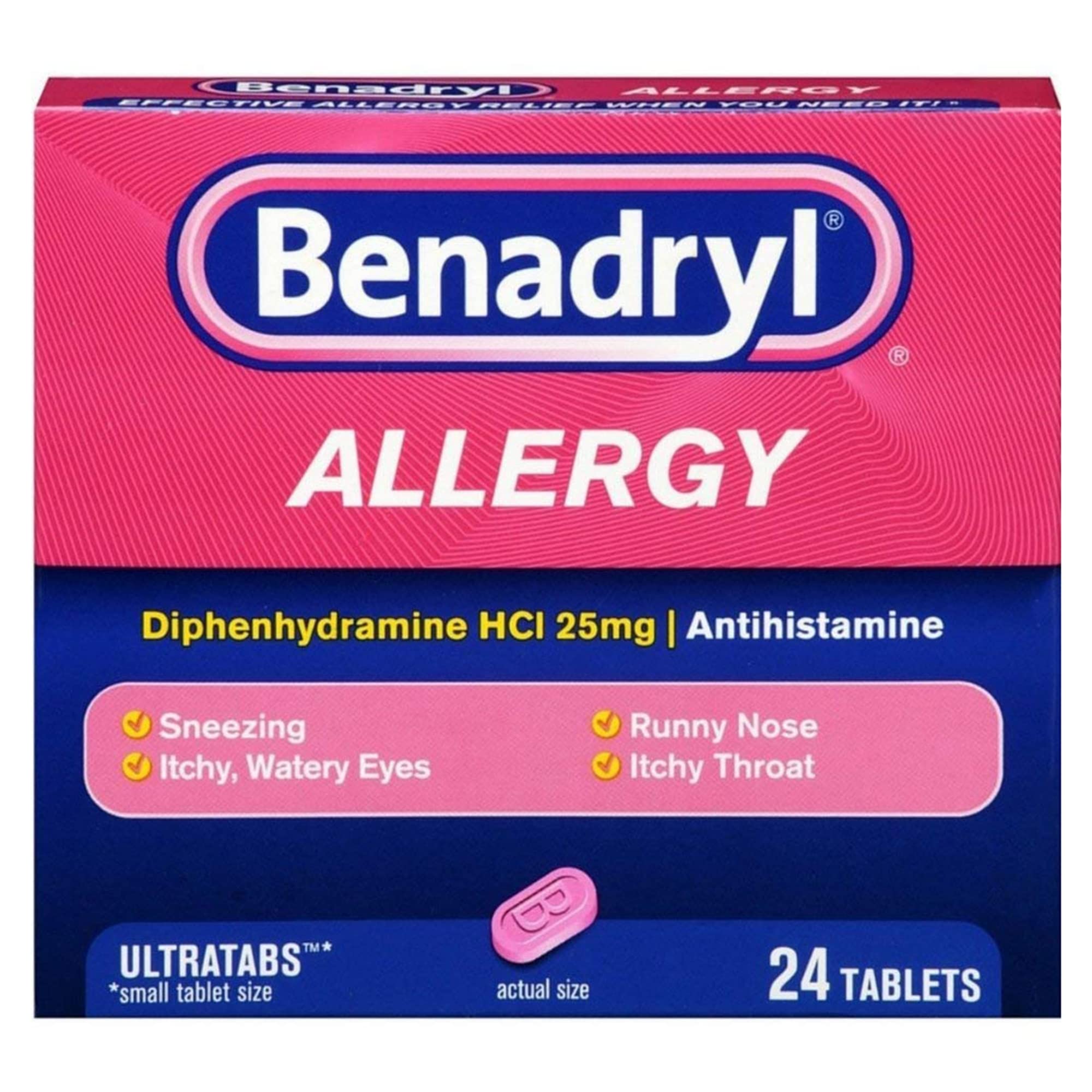 Vue frontale de la boîte Benadryl Ultratabs avec logo