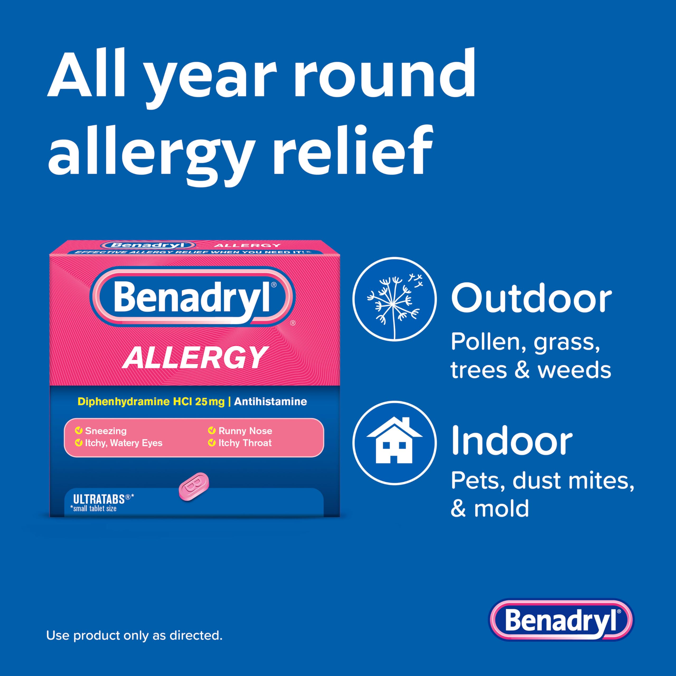 Boîte Benadryl Ultratabs avec 4 paquets pour voyage.