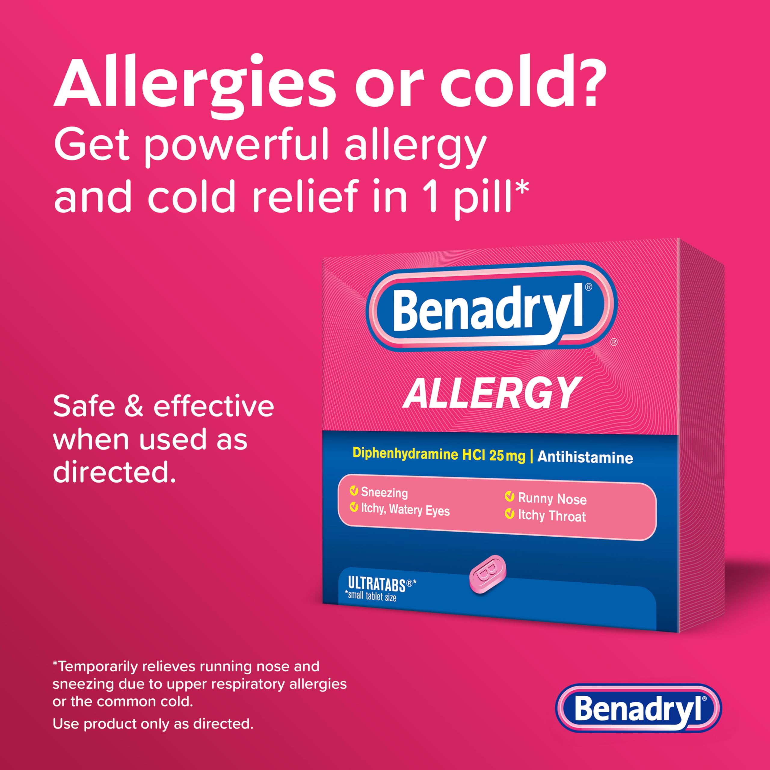 Tablettes Benadryl Ultratabs 25 mg enrobées, faciles à avaler.