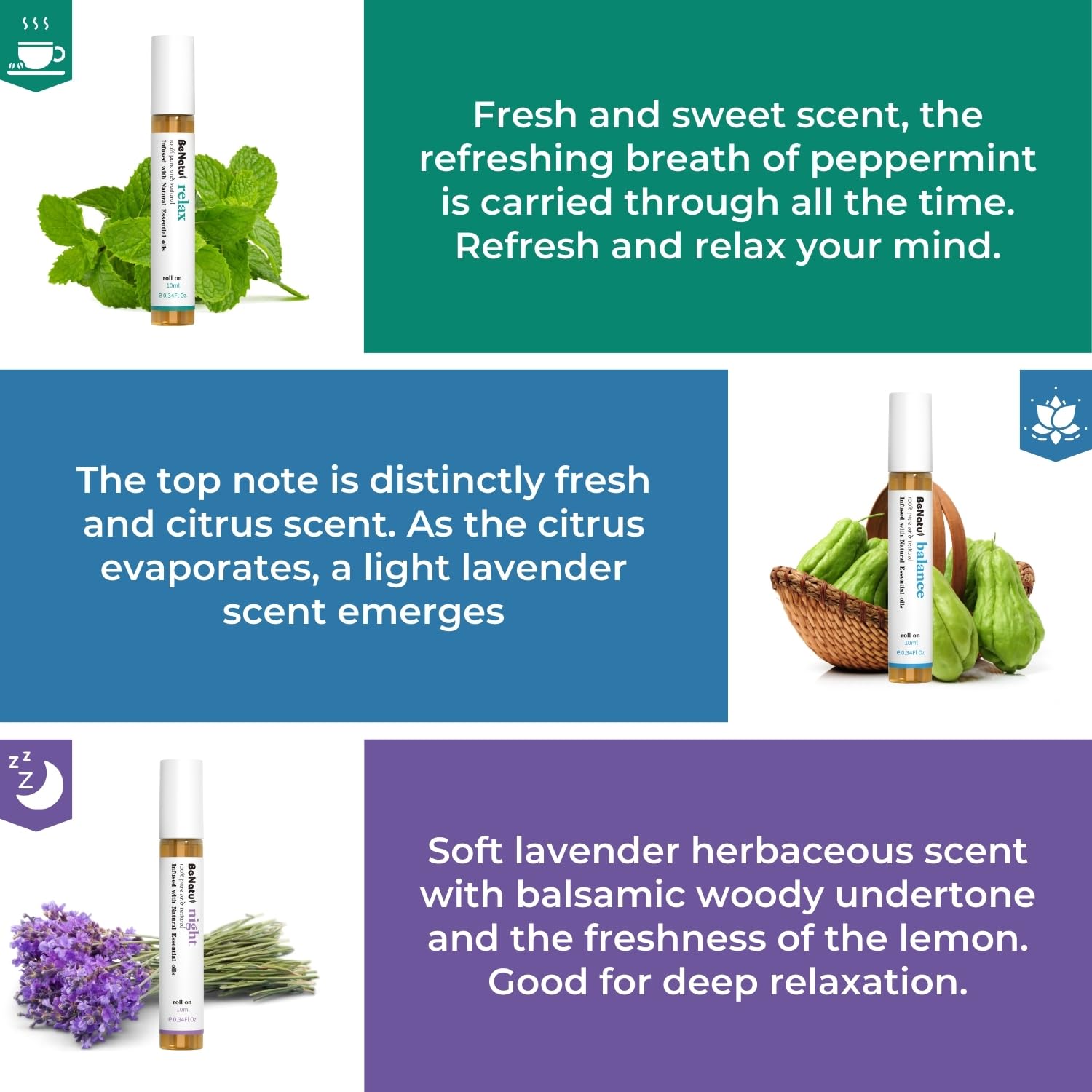  Benatu Équilibre roll-on: notes d'agrumes, menthe et lavande pour concentration et calme.