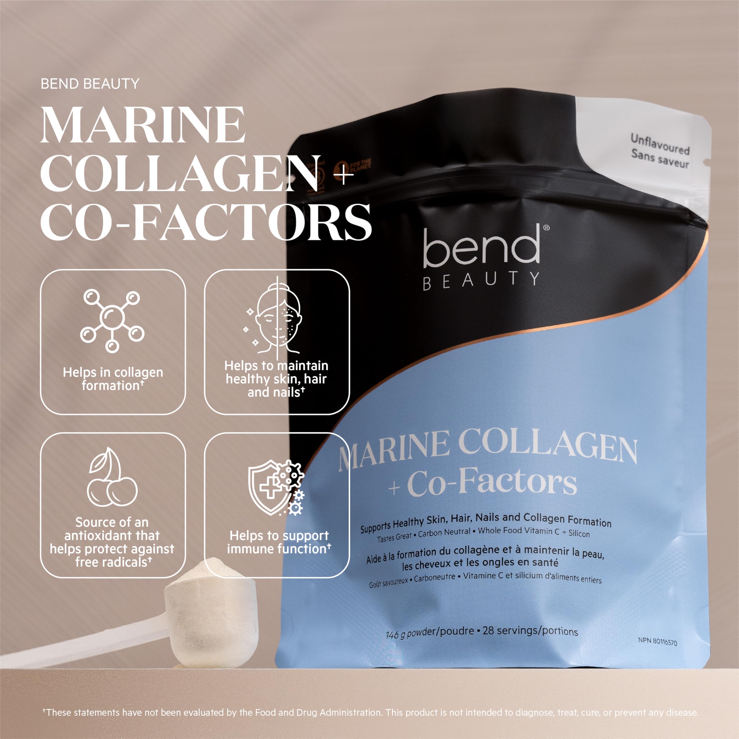 Bend Beauty Poudre Collagène Marine Co-facteurs, sachet en poudre, soutient cheveux et ongles.