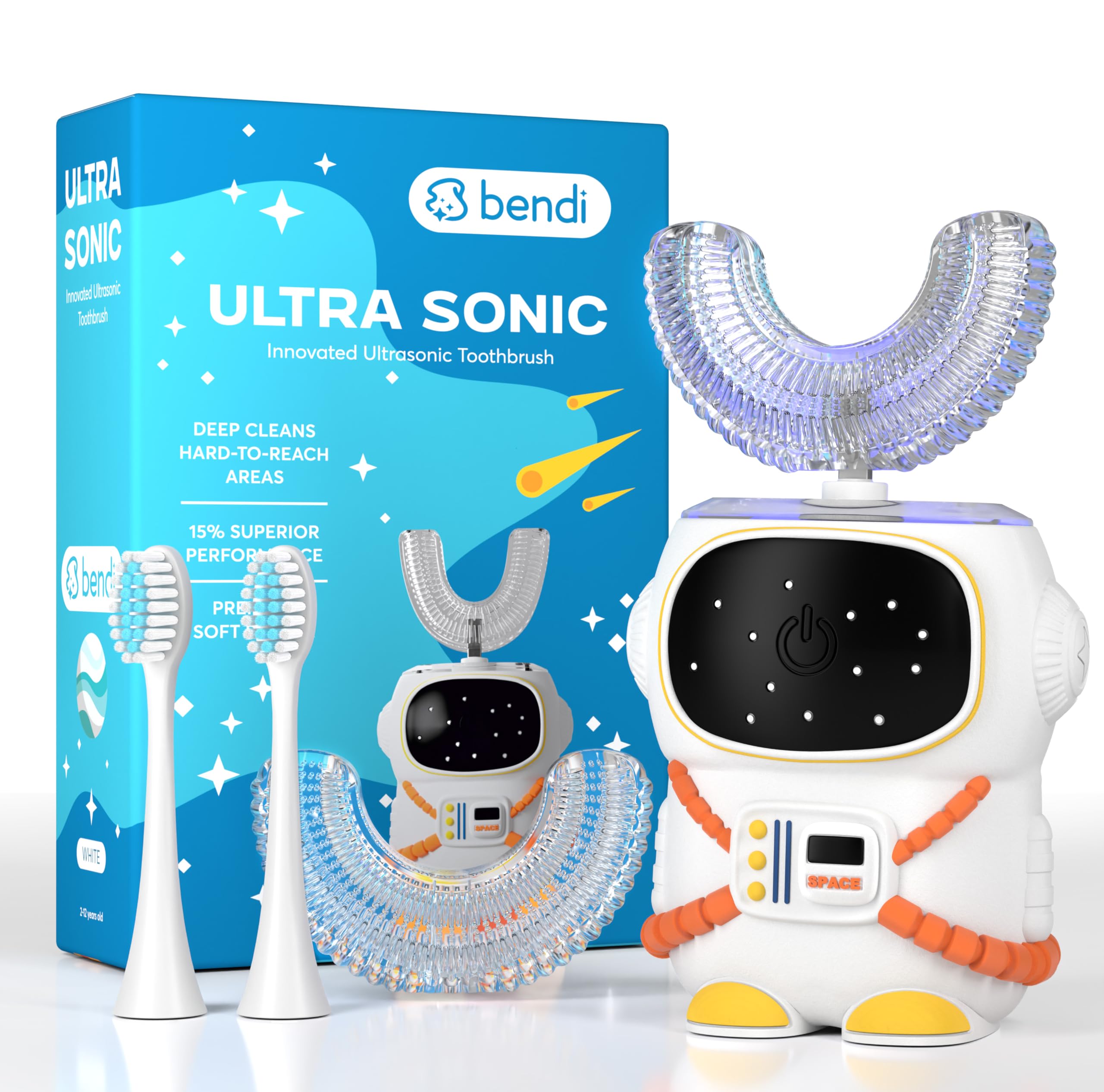 Bendi brosse dents 360 U astronaute blanc pour enfants, expérience ludique et efficace.