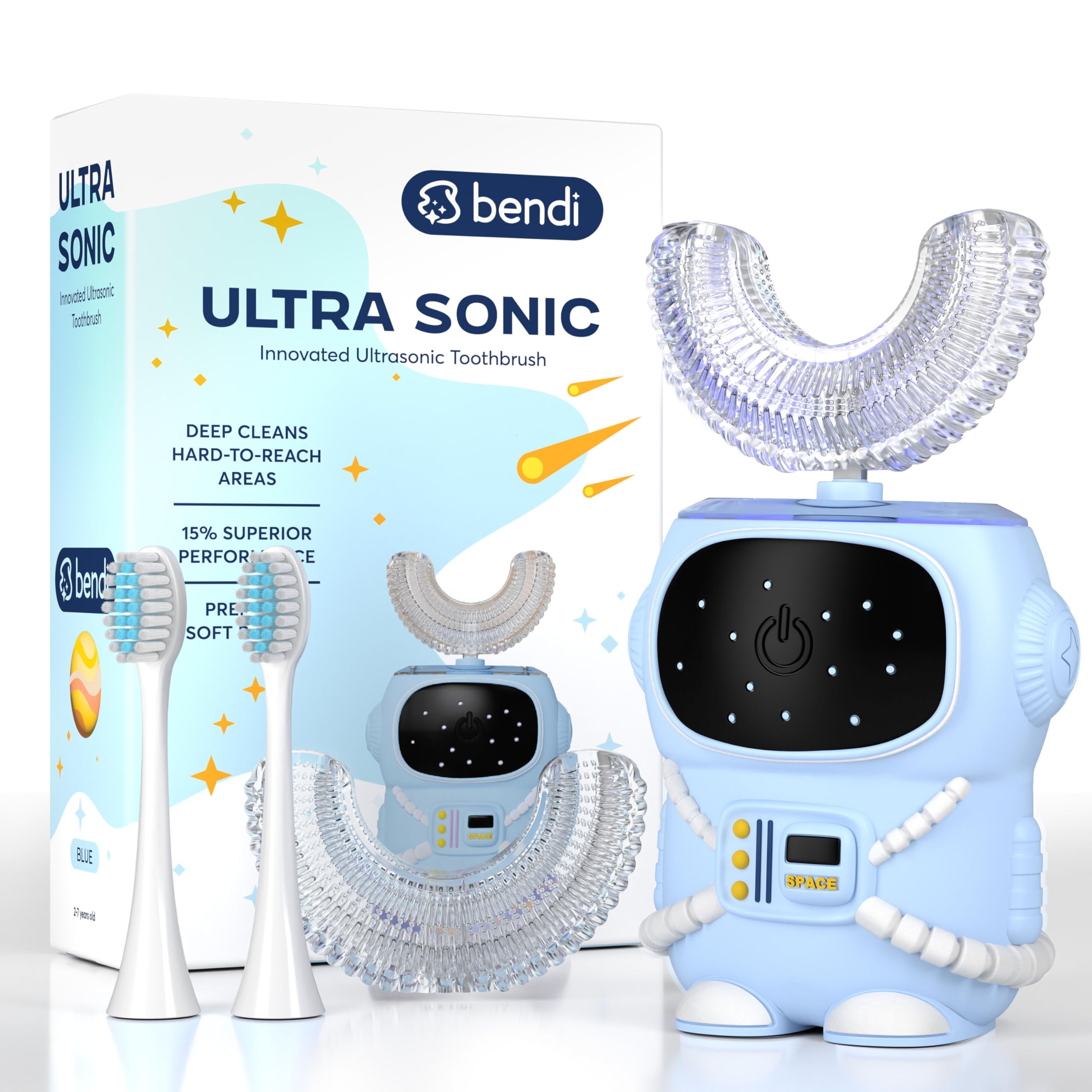 Bendi brosse dents enfant en forme U bleu astronaute, transforme le brossage en aventure ludique