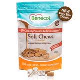 Benecol Soft Chews, boîte ouverte, texture crème caramel pour un moment agréable.