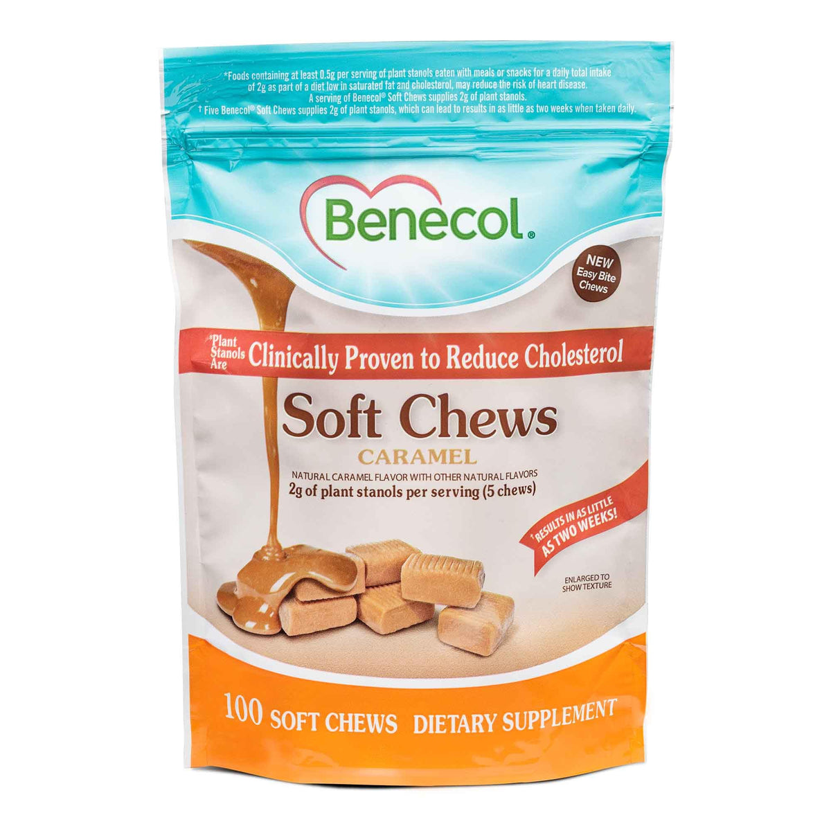 Benecol Soft Chews, sachet 100 pièces caramel, plaisir pratique au quotidien.