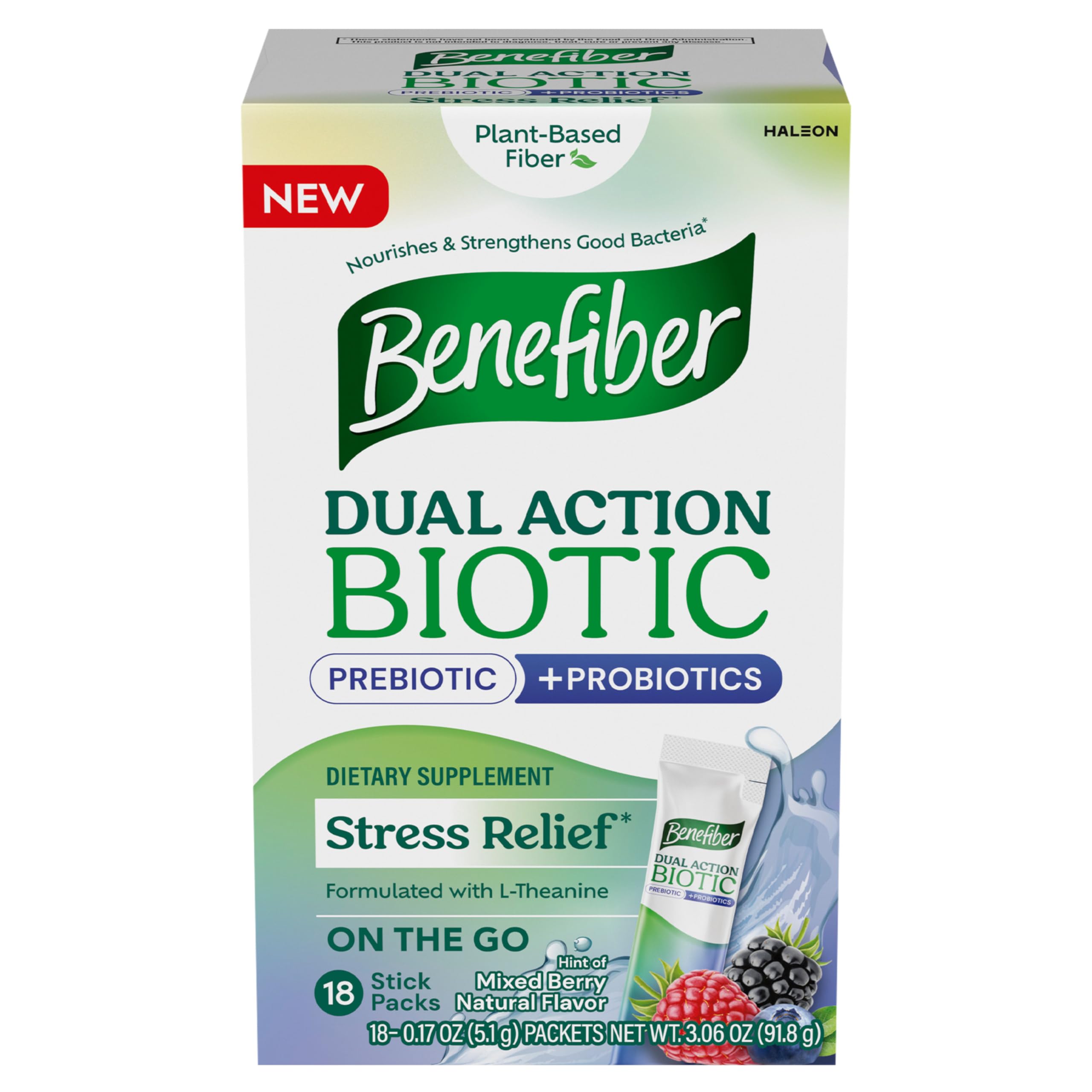 Benefiber action double biotique sticks saveur fruitée, pratique à emporter.