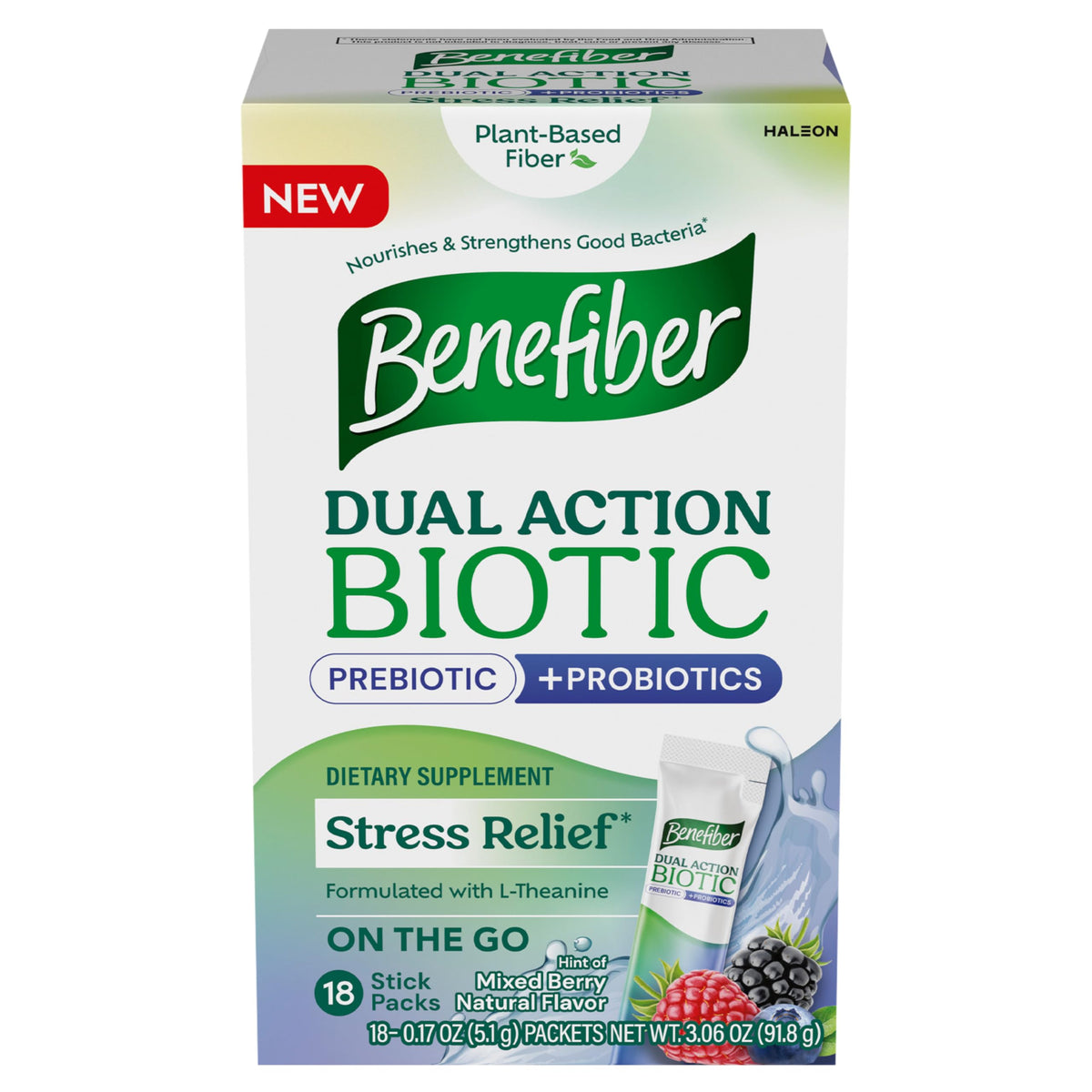 Benefiber action double biotique sticks saveur fruitée, pratique à emporter.