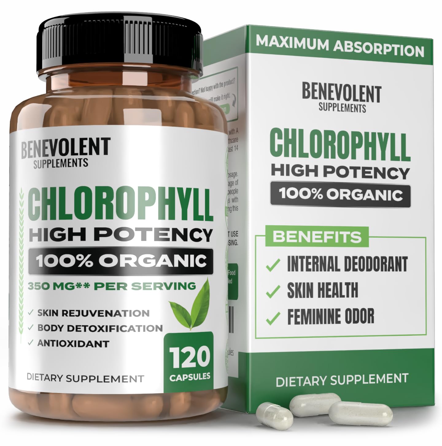 Capsules Benevolent Chlorophylle 350 mg, vue produit, énergie potentielle et vitalité quotidienne.